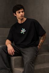 POPCASE Chaos black oversized t shirt with multicolour graffiti CHAOS back print and abstract flower front graphic streetwear