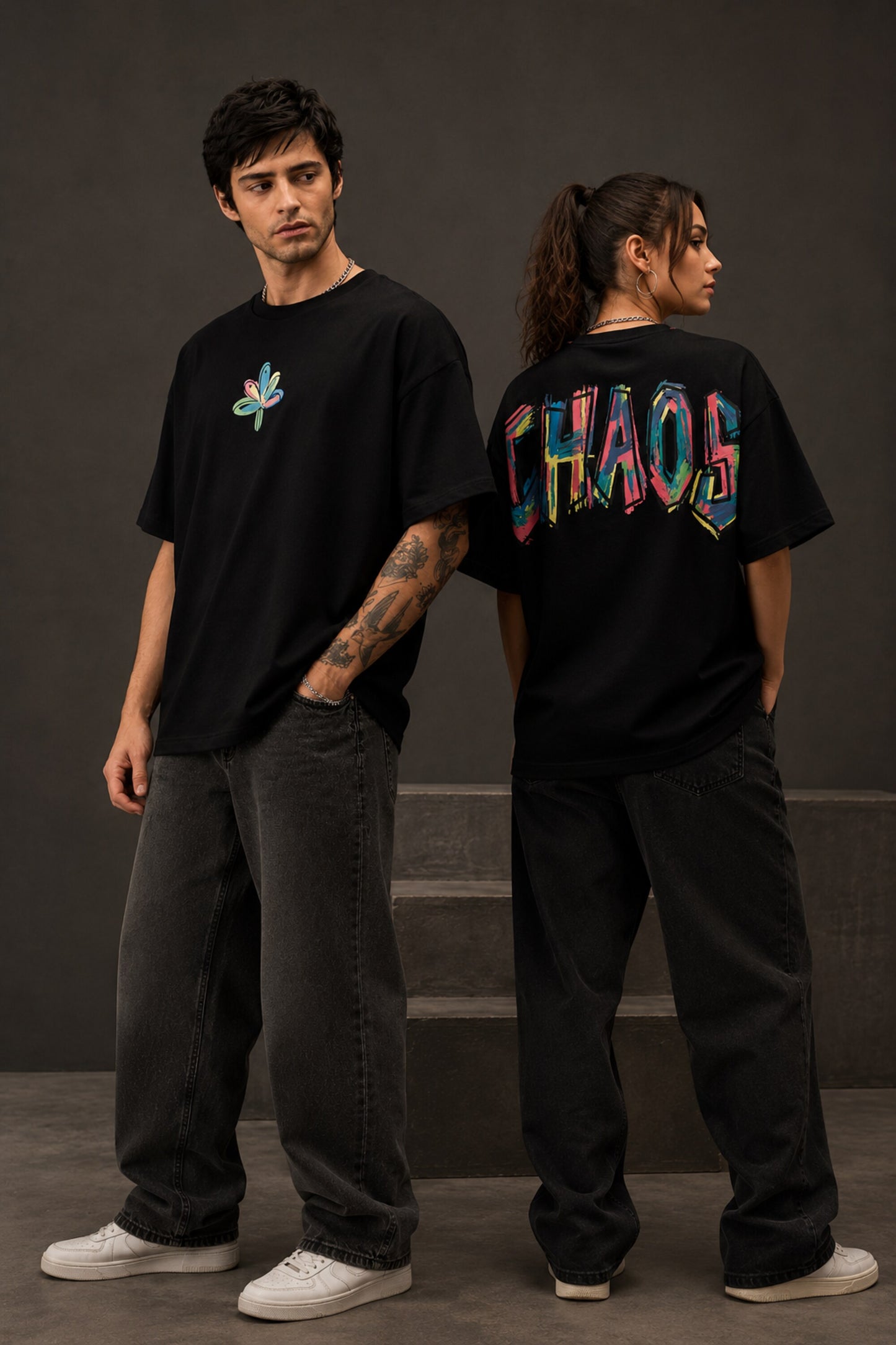 POPCASE Chaos black oversized t shirt with multicolour graffiti CHAOS back print and abstract flower front graphic streetwear
