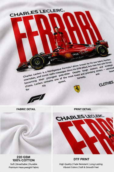 Model wearing white POPCASE Charles Leclerc Scuderia Ferrari oversized t shirt with prancing horse shield badge at F1 circuit pitlane