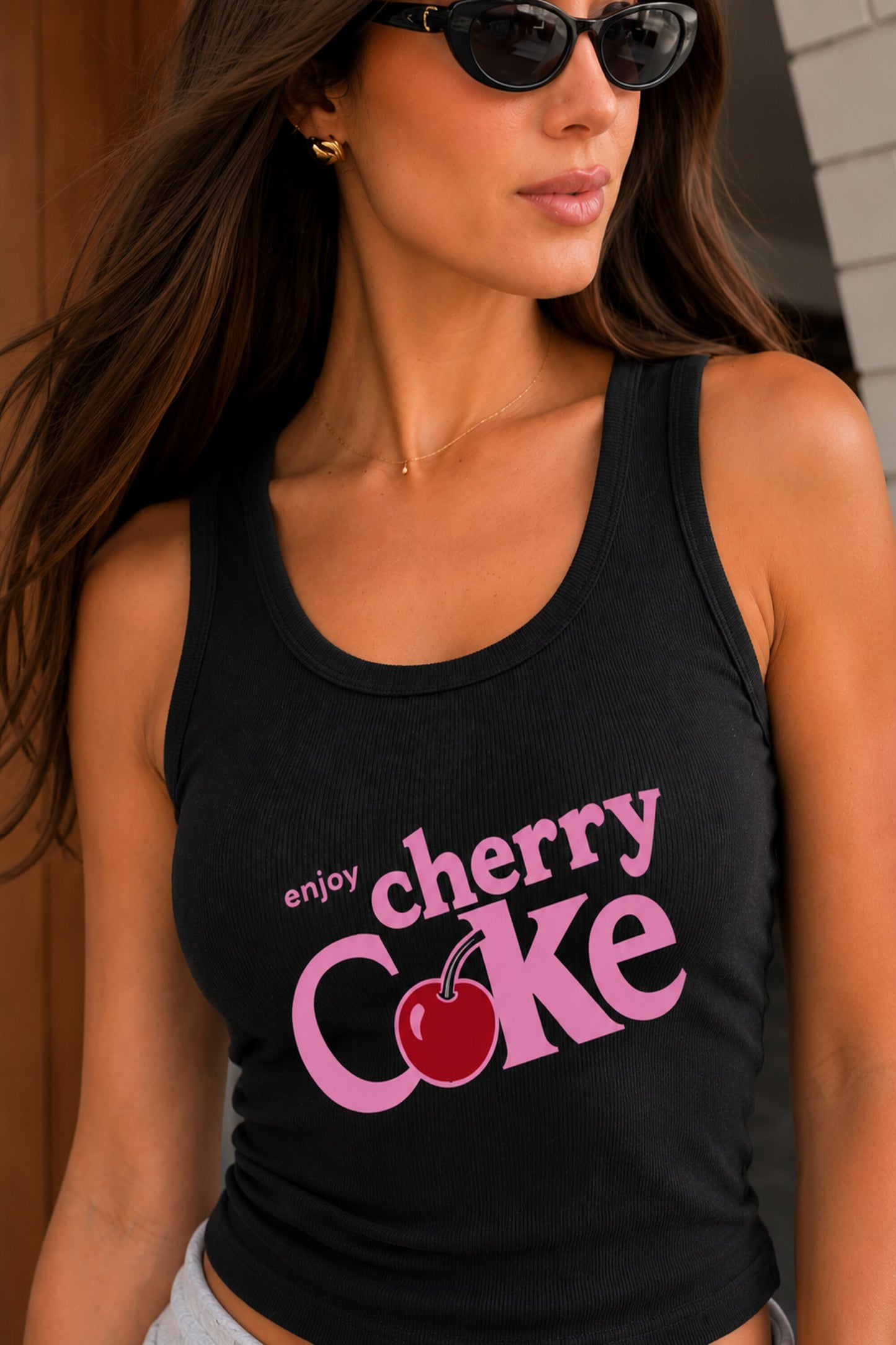 Black fitted ribbed racerback crop tank top Enjoy Cherry Coke vintage logo cherry graphic on back Y2K nostalgia aesthetic POPCASE women