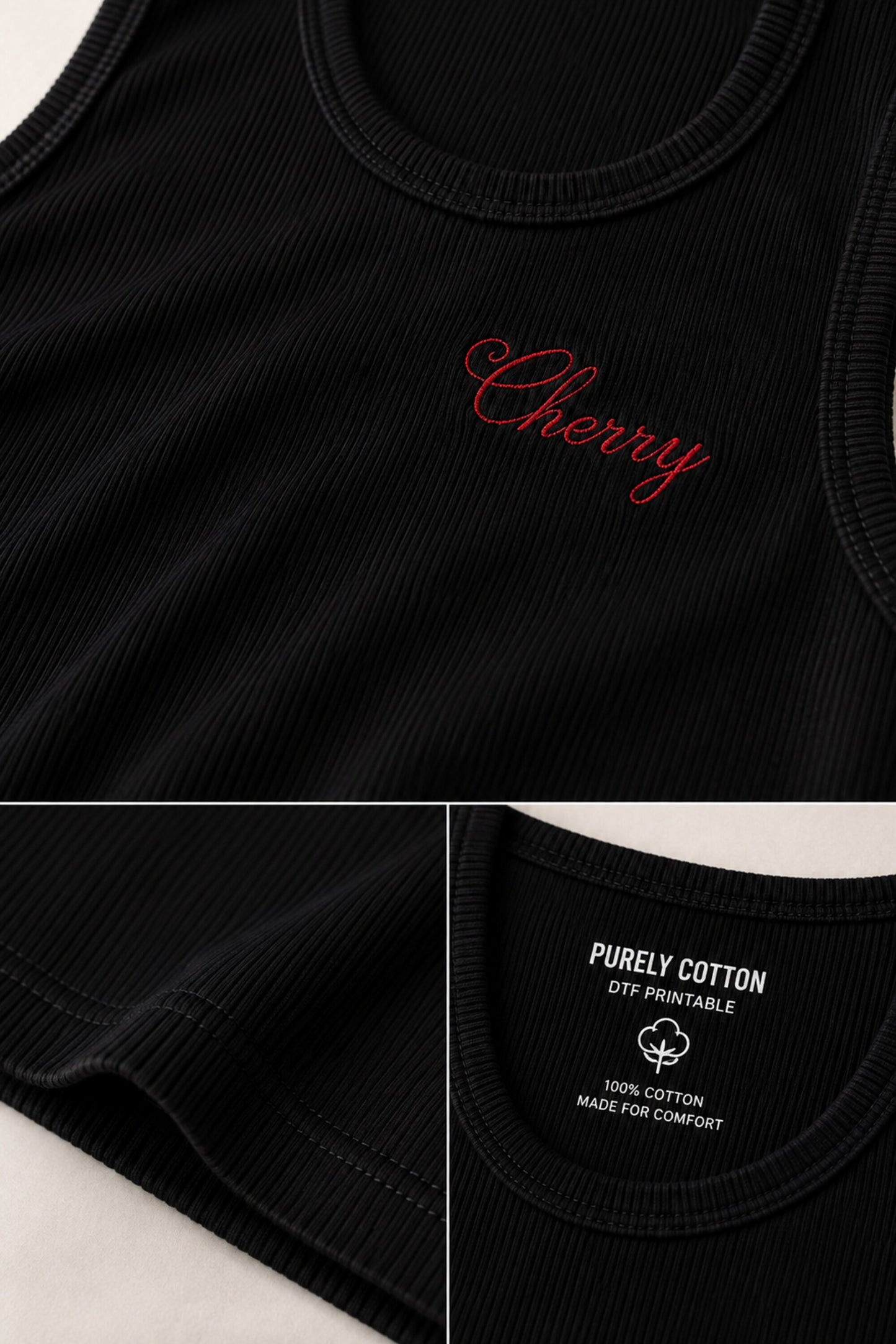 Black ribbed crop tank top with red cursive Cherry embroidery on left chest