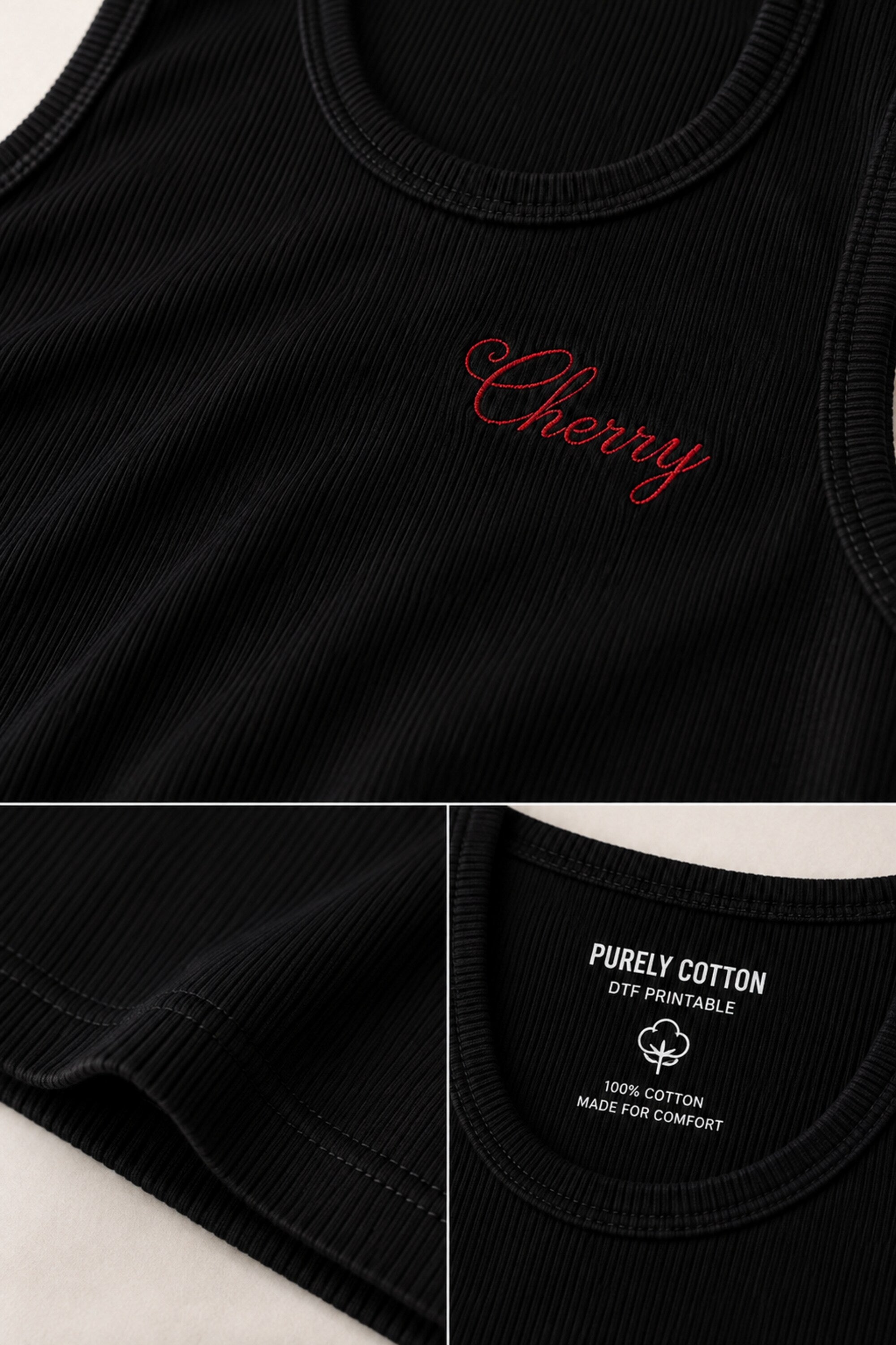 Black ribbed crop tank top with red cursive Cherry embroidery on left chest