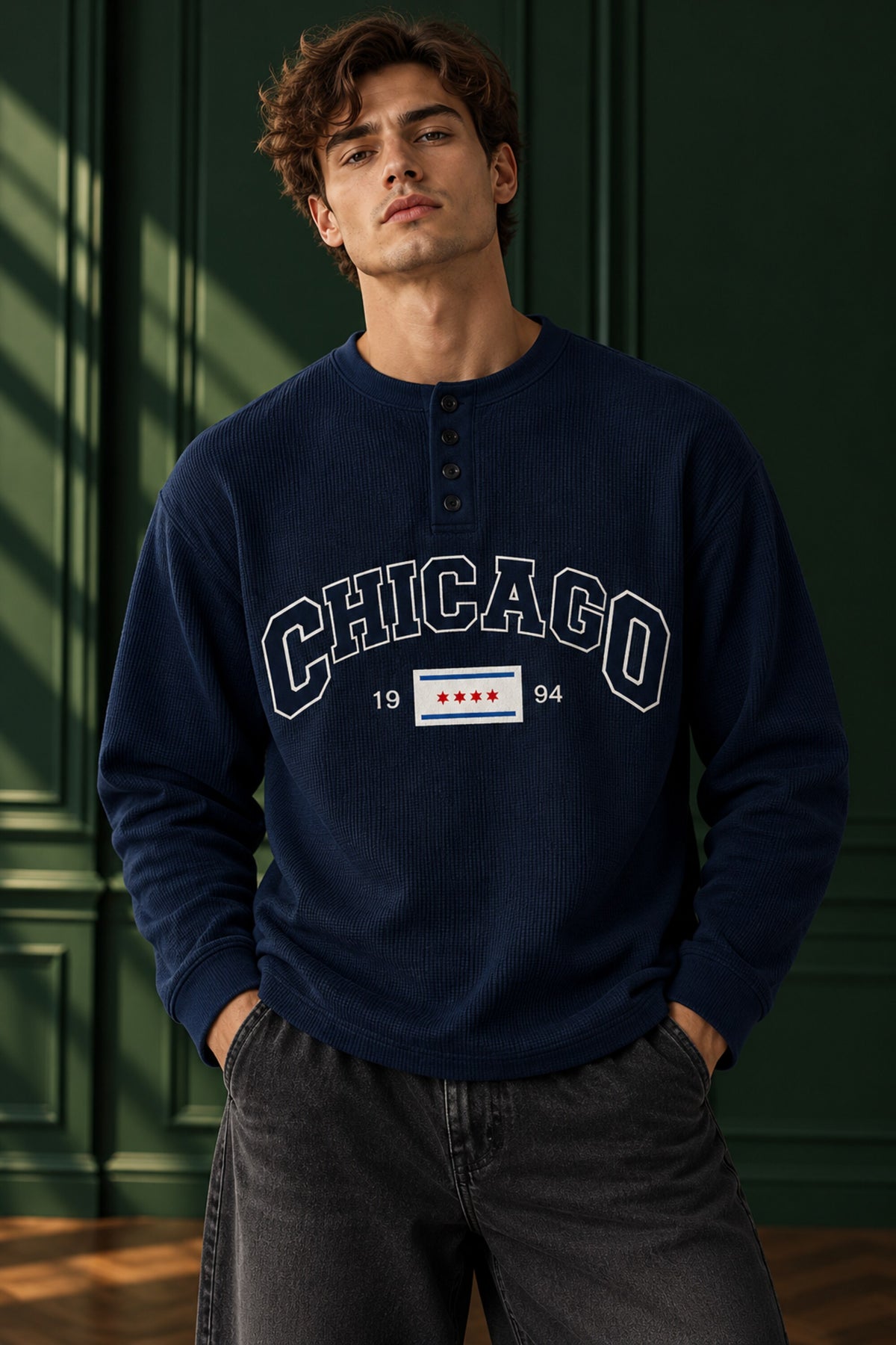 Navy blue waffle full sleeve boxy tshirt with CHICAGO varsity arch and 1994 flag badge print, henley collar, men India