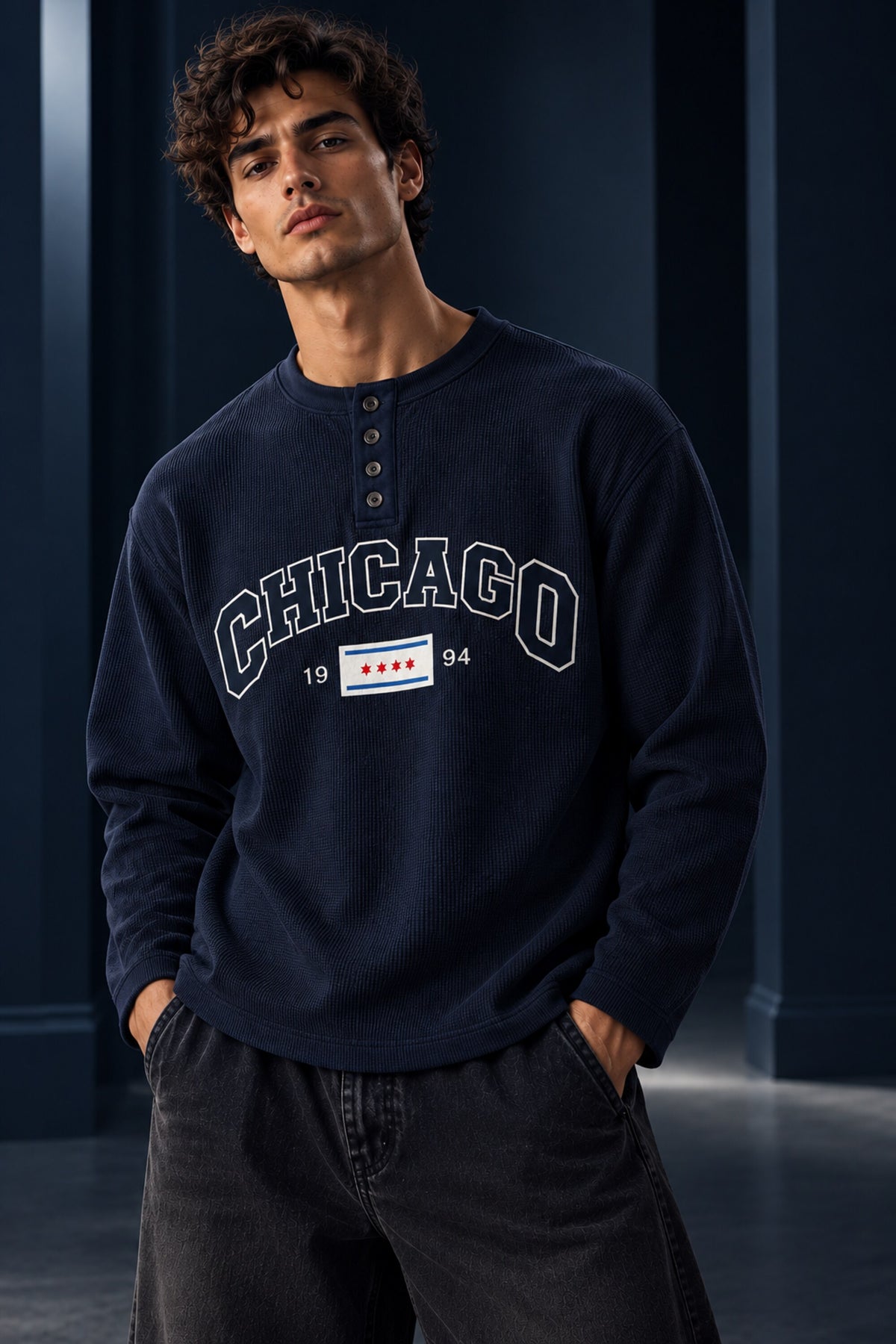 Navy blue waffle full sleeve boxy tshirt with CHICAGO varsity arch and 1994 flag badge print, henley collar, men India