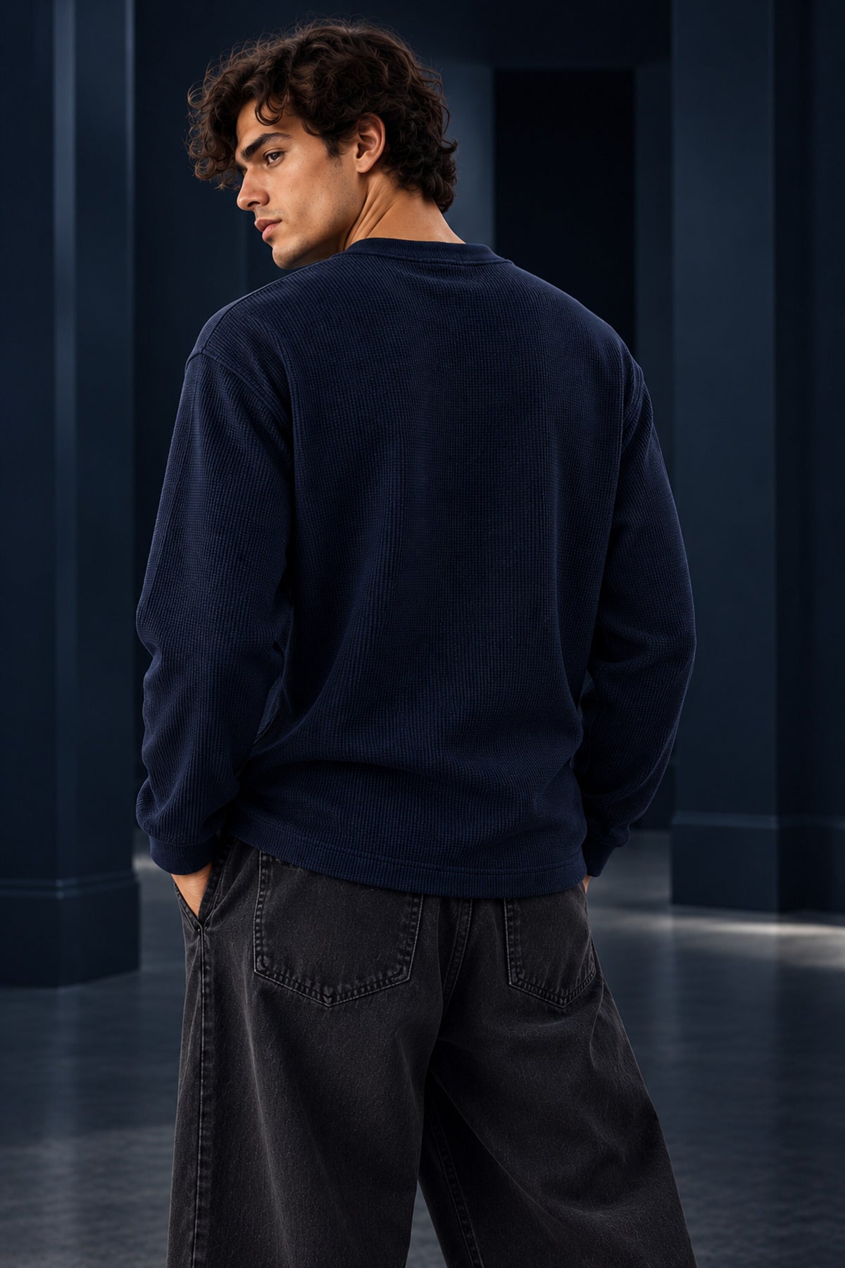 Navy blue waffle full sleeve boxy tshirt with CHICAGO varsity arch and 1994 flag badge print, henley collar, men India