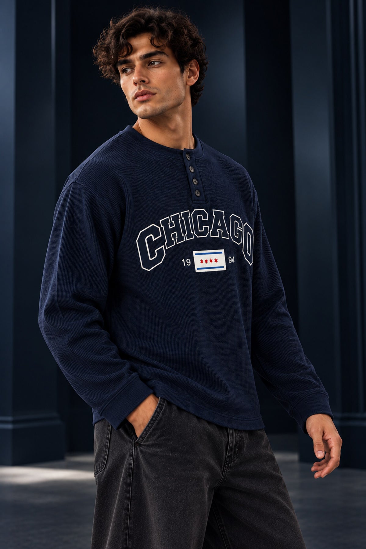 Navy blue waffle full sleeve boxy tshirt with CHICAGO varsity arch and 1994 flag badge print, henley collar, men India