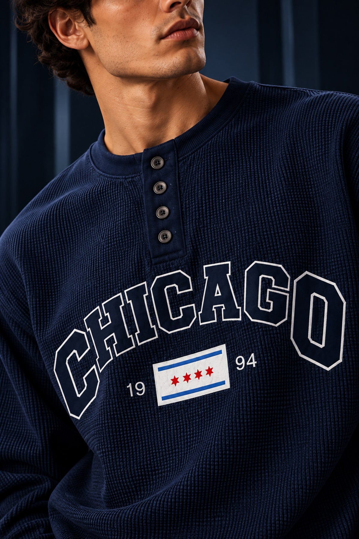 Navy blue waffle full sleeve boxy tshirt with CHICAGO varsity arch and 1994 flag badge print, henley collar, men India