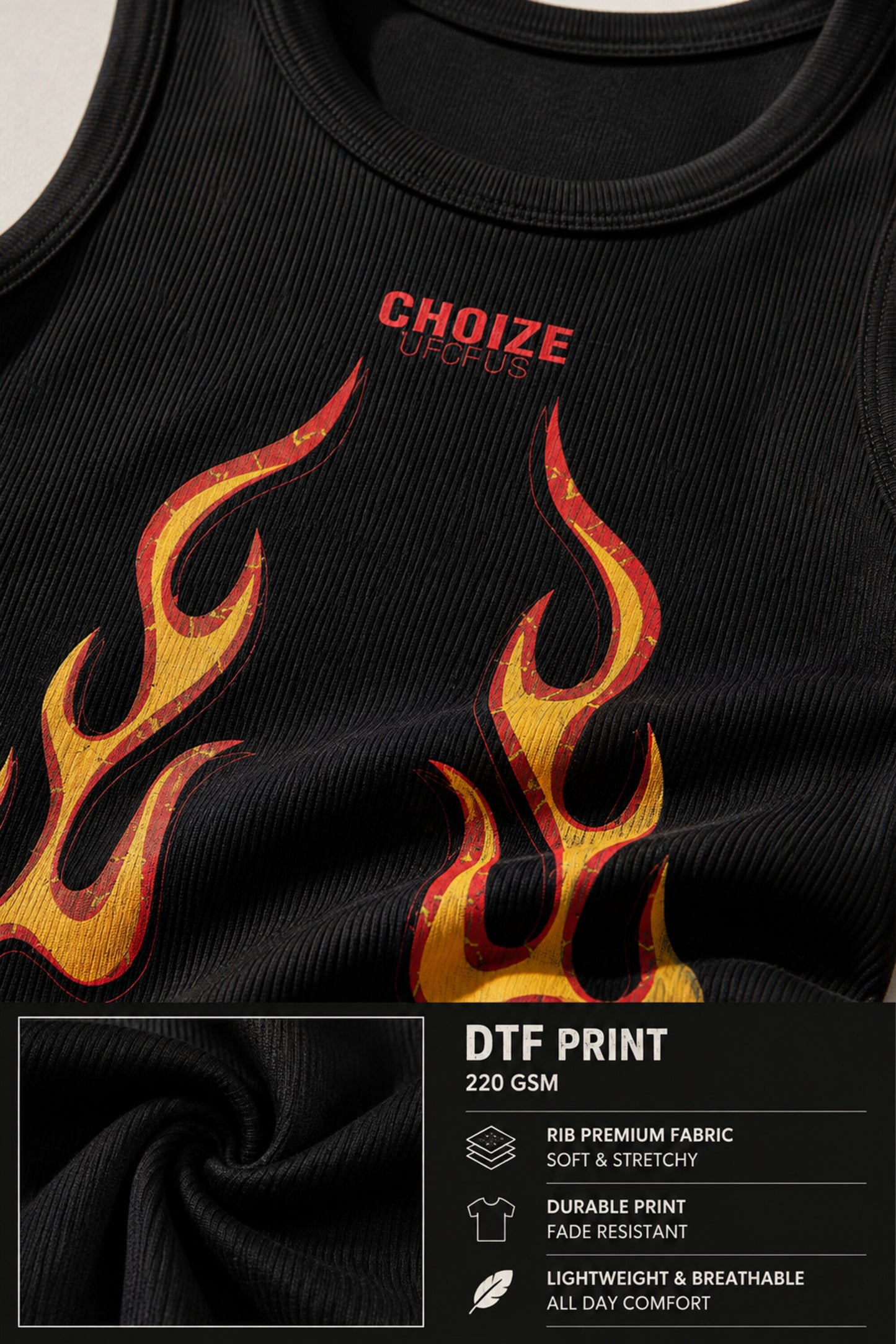Black ribbed crop tank top with orange red flame graphic and CHOIZE text print