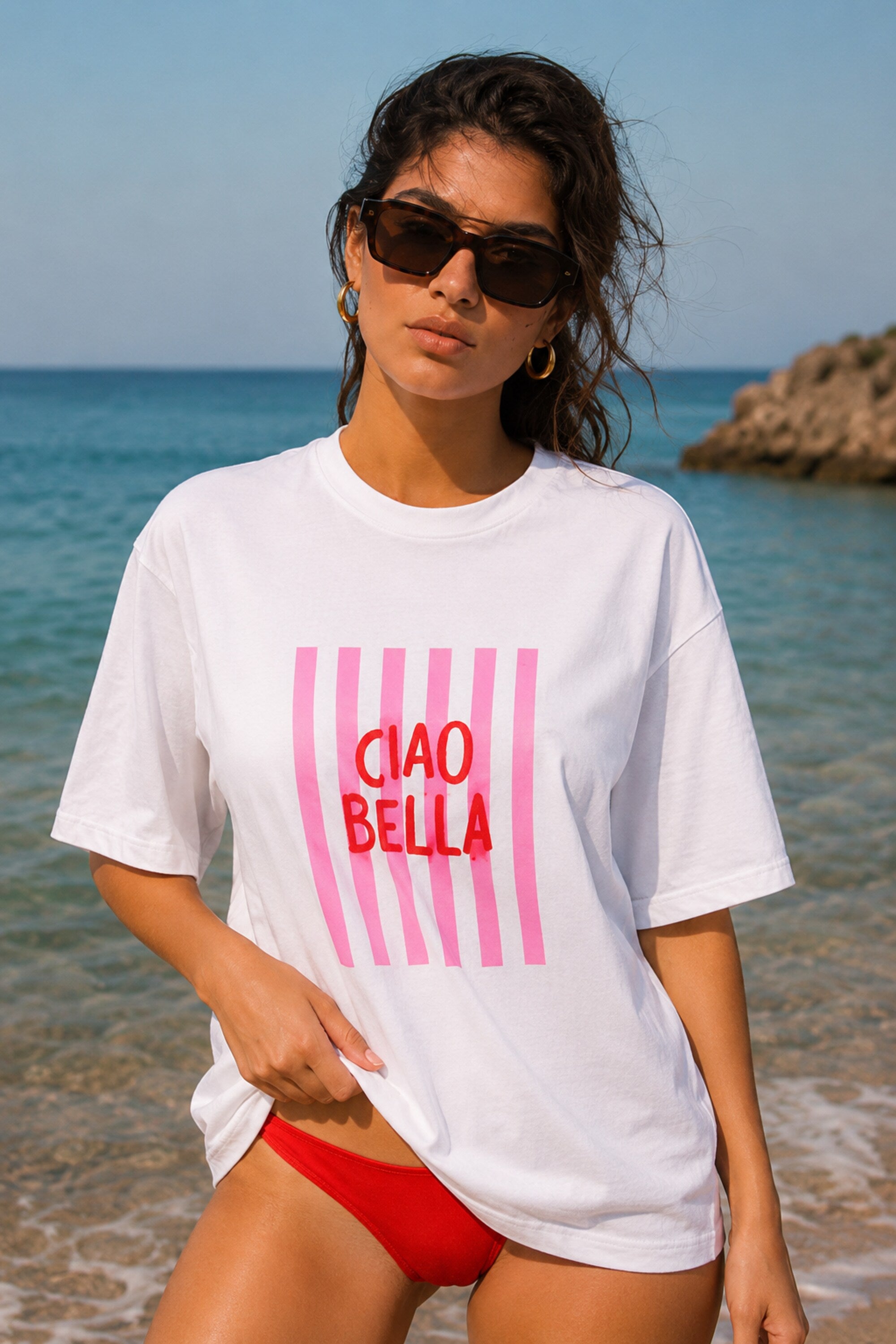POPCASE Ciao Bella white oversized t shirt with pink text back print summer lifestyle premium cotton streetwear