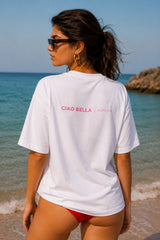 POPCASE Ciao Bella white oversized t shirt with pink text back print summer lifestyle premium cotton streetwear