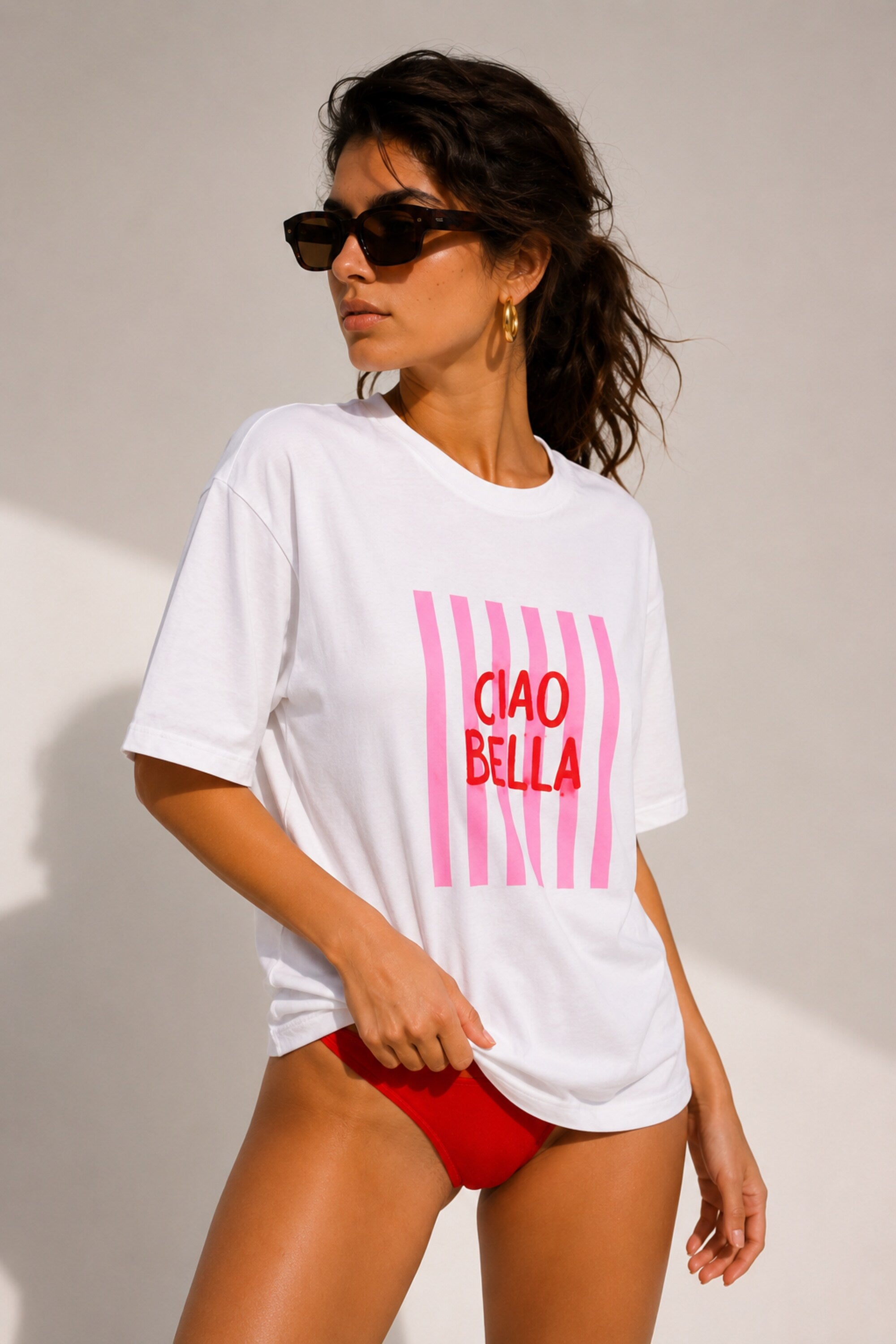 POPCASE Ciao Bella white oversized t shirt with pink text back print summer lifestyle premium cotton streetwear
