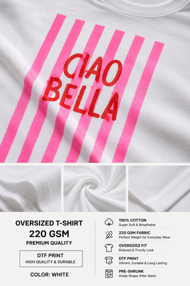 POPCASE Ciao Bella white oversized t shirt with pink text back print summer lifestyle premium cotton streetwear