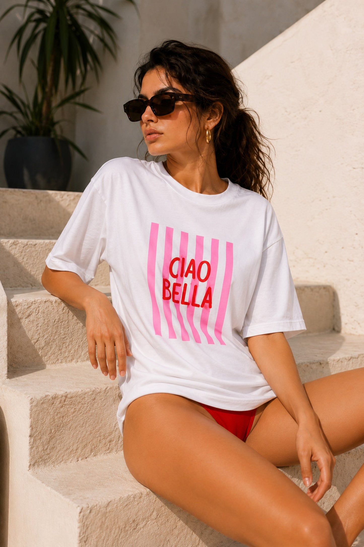 POPCASE Ciao Bella white oversized t shirt with pink text back print summer lifestyle premium cotton streetwear