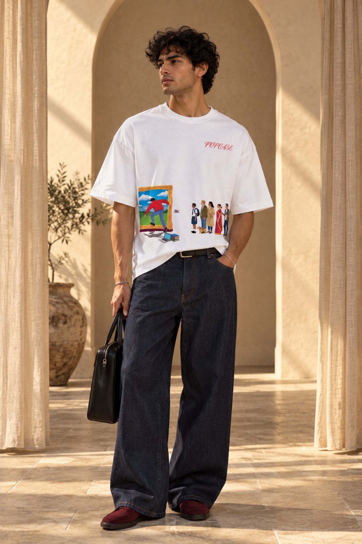 White oversized tshirt with vibrant pop art dual panel cartoon and fashion figures illustration on chest, drop shoulder boxy fit, men India