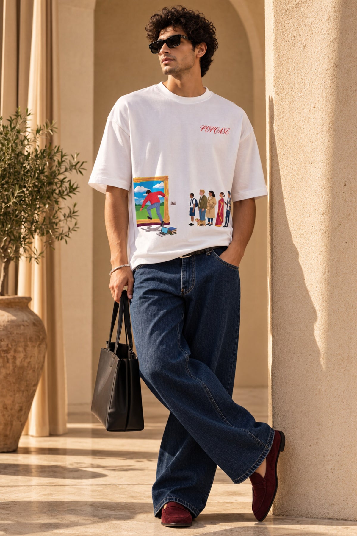 White oversized tshirt with vibrant pop art dual panel cartoon and fashion figures illustration on chest, drop shoulder boxy fit, men India