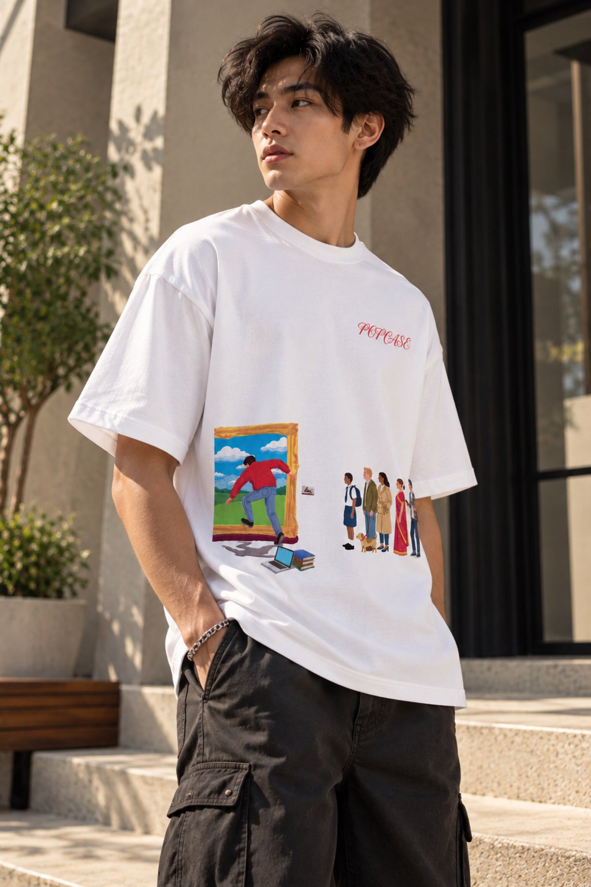 White oversized tshirt with vibrant pop art dual panel cartoon and fashion figures illustration on chest, drop shoulder boxy fit, men India