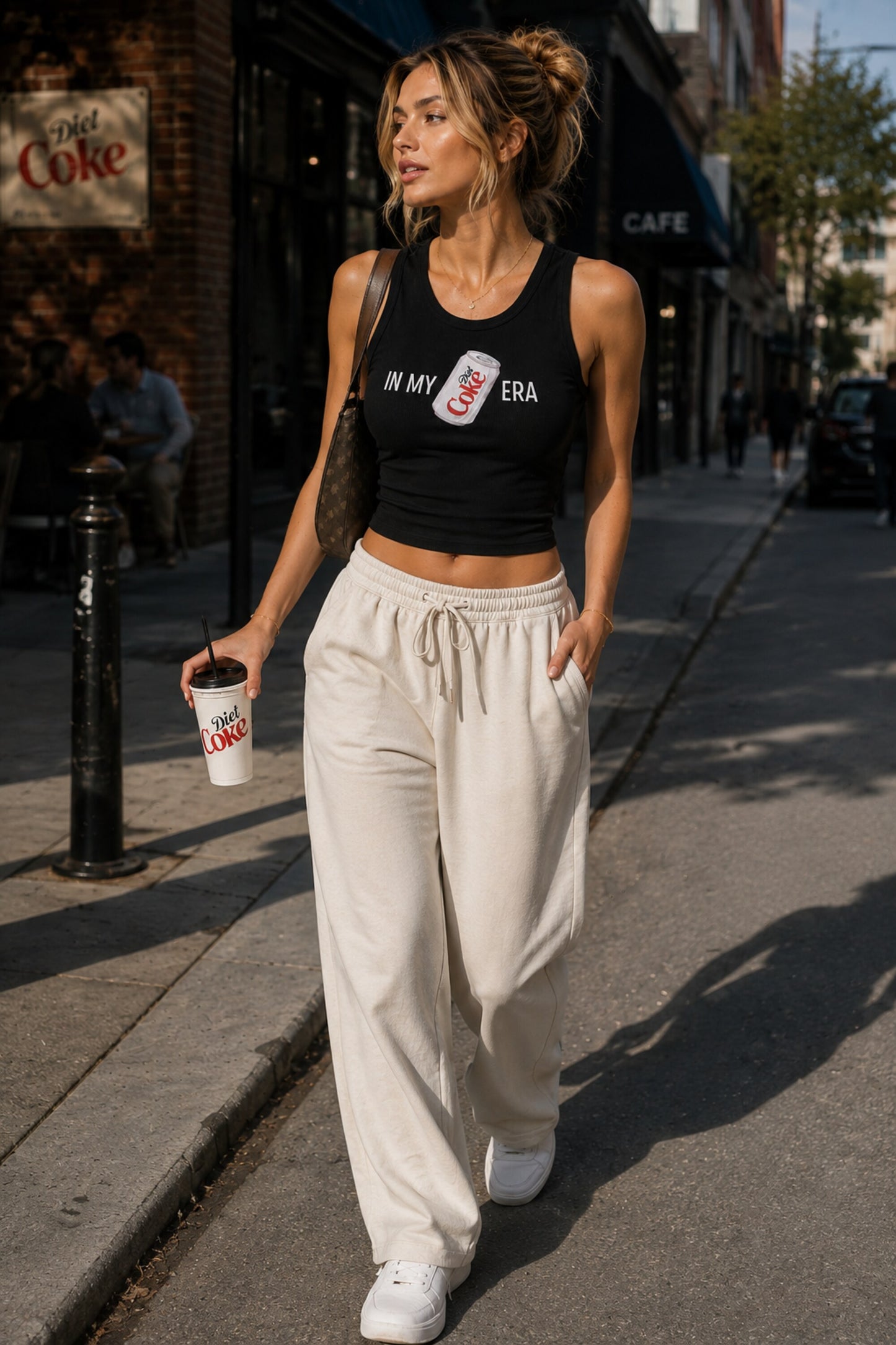 Black ribbed racerback tank top with IN MY DIET COKE ERA text and illustrated Diet Coke can graphic trendy Gen Z statement women top