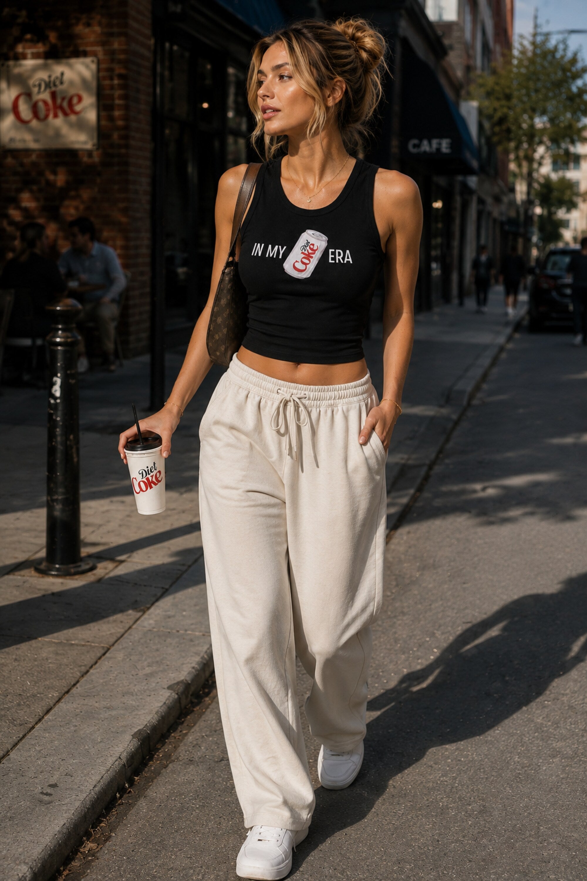 Black ribbed racerback tank top with IN MY DIET COKE ERA text and illustrated Diet Coke can graphic trendy Gen Z statement women top