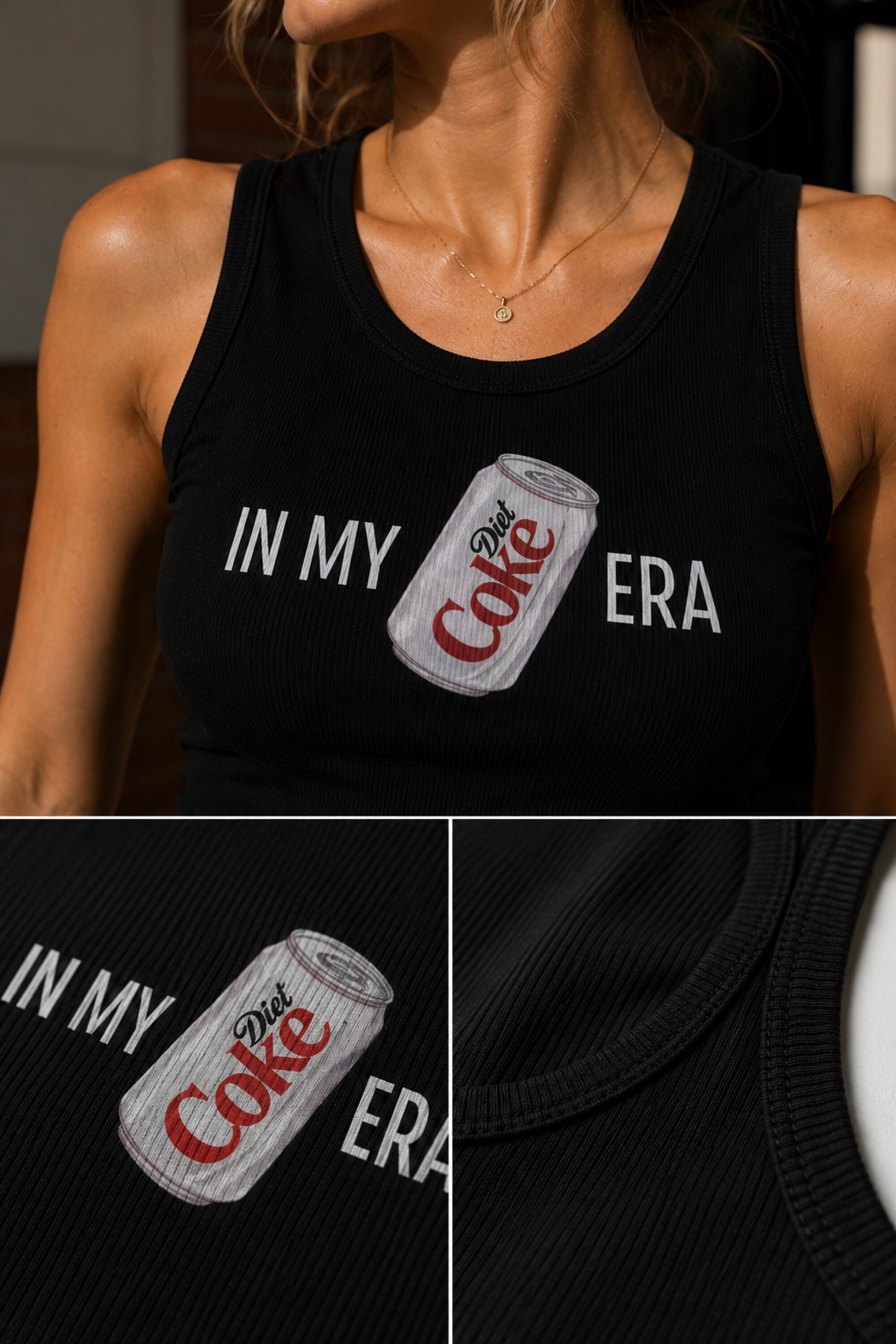Black ribbed racerback tank top with IN MY DIET COKE ERA text and illustrated Diet Coke can graphic trendy Gen Z statement women top