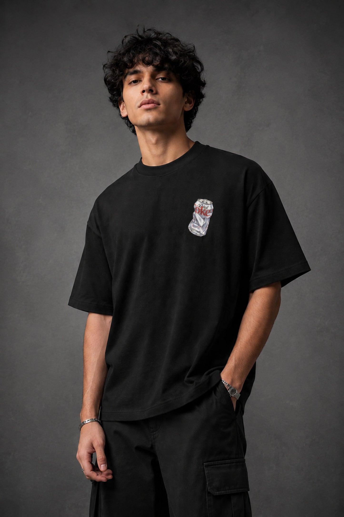 Black oversized t-shirt with hyper-realistic crushed Diet Coke can chest graphic - black