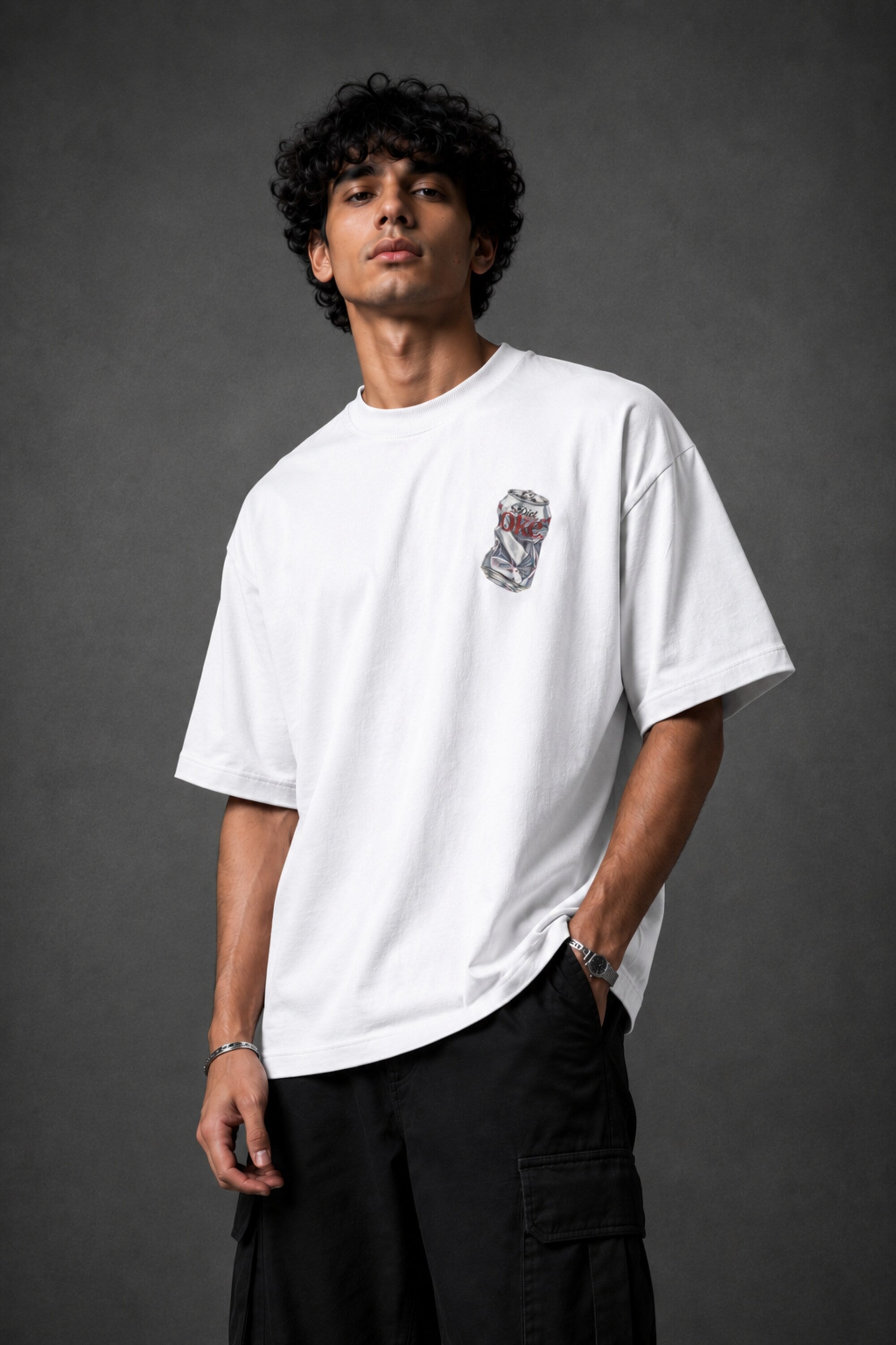 Black oversized t-shirt with hyper-realistic crushed Diet Coke can chest graphic - white