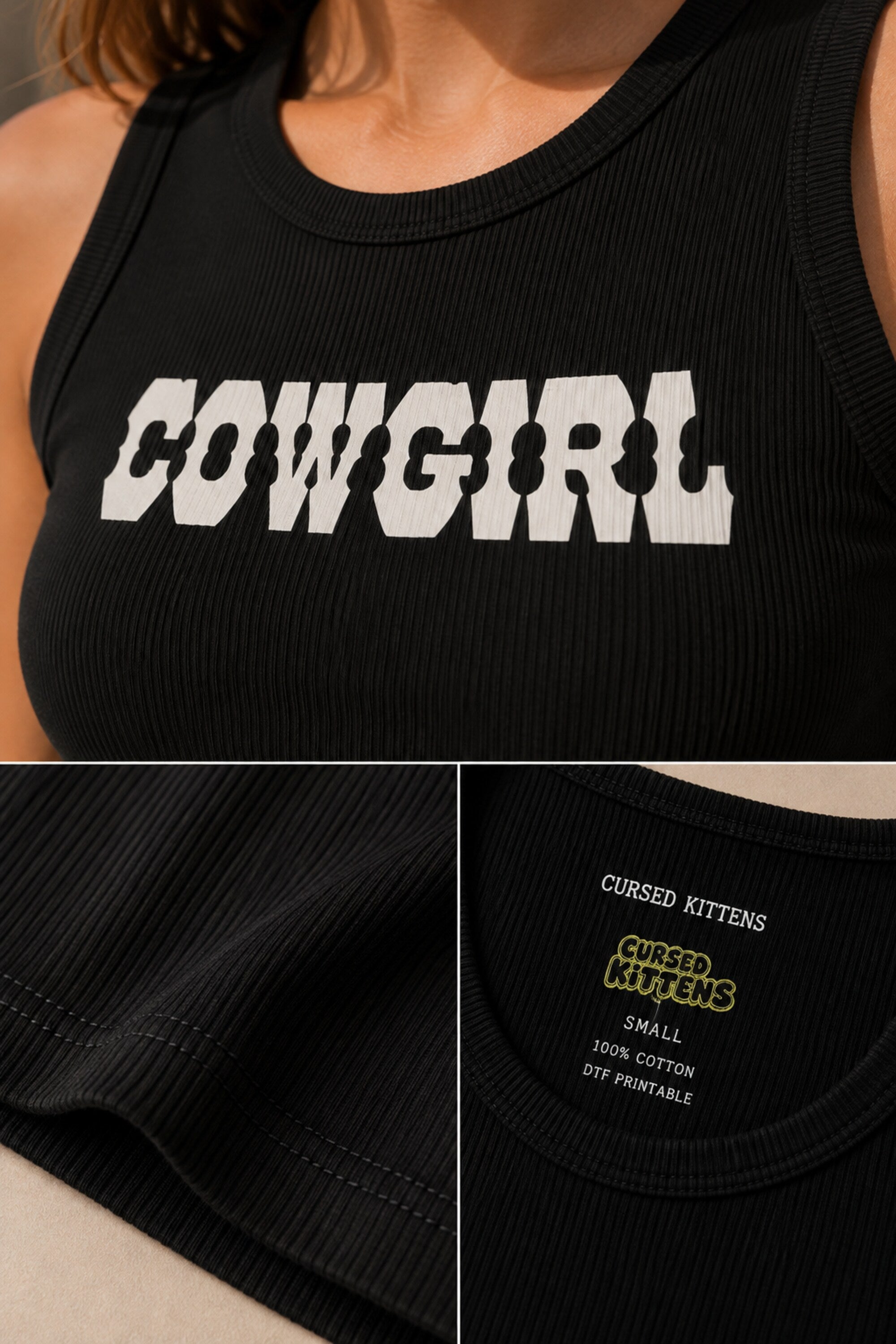 Black ribbed crop tank top with bold white COWGIRL western block text print