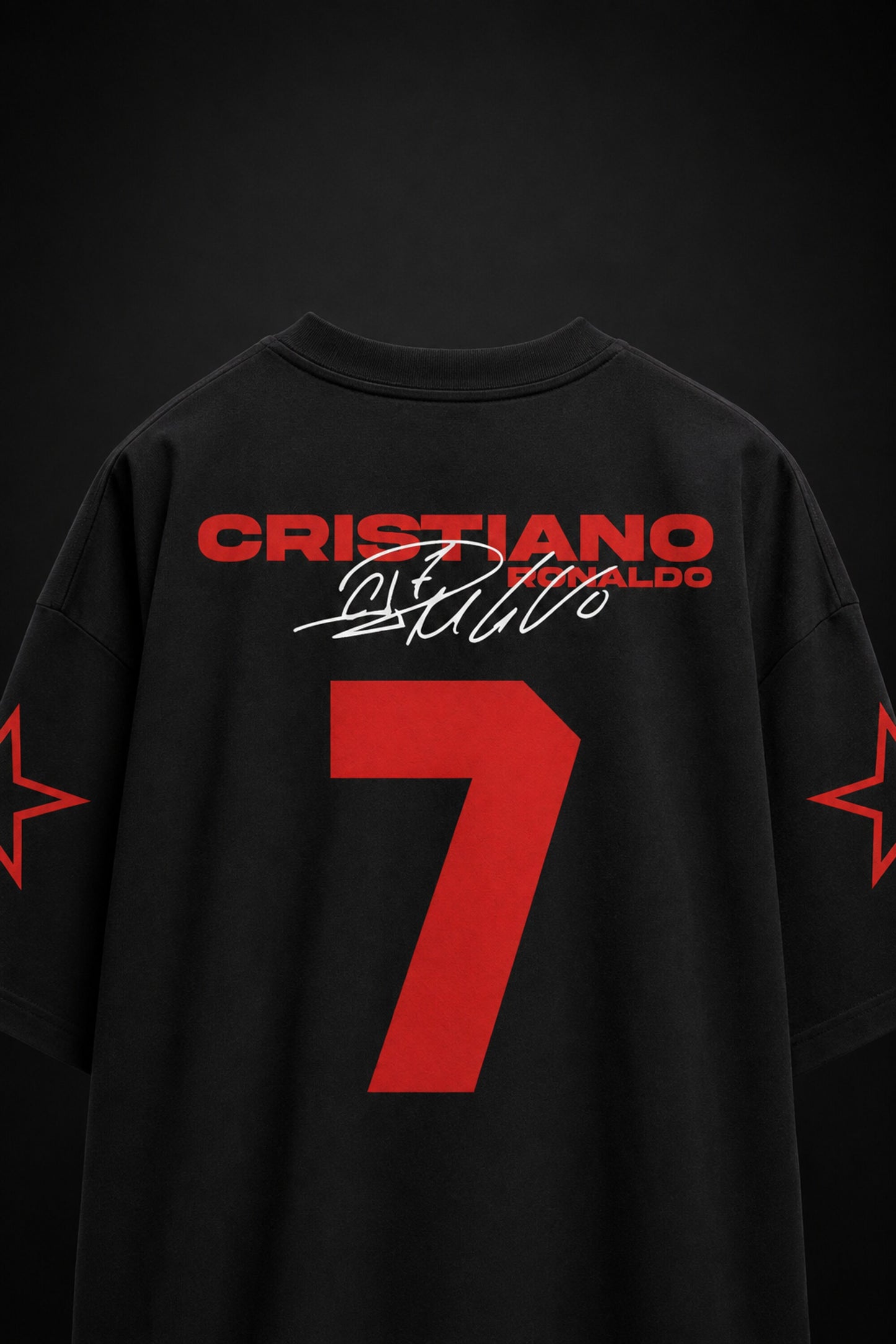Cristiano Ronaldo CR7 number 7 black oversized t-shirt with red print and signature - black