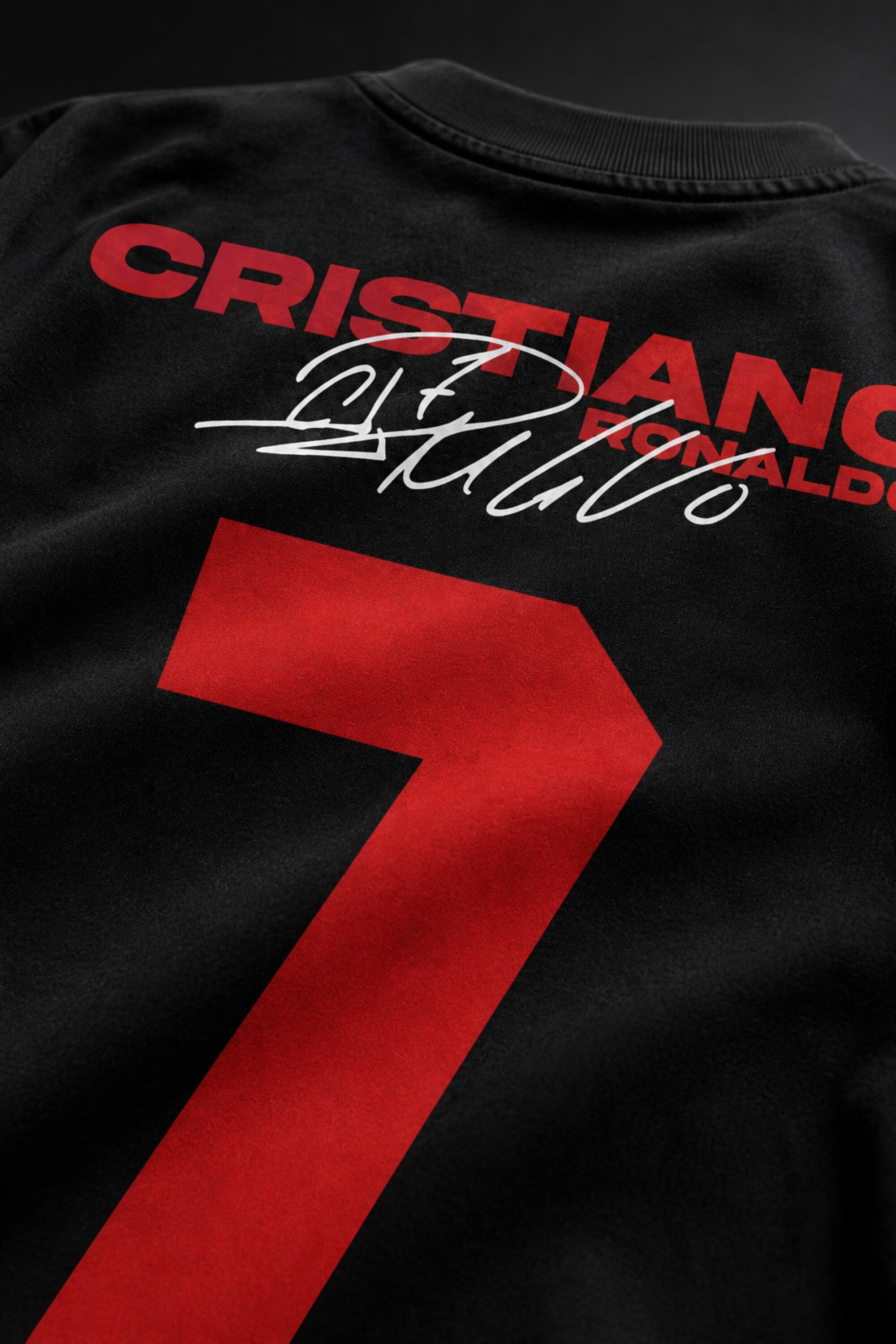 Cristiano Ronaldo CR7 number 7 black oversized t-shirt with red print and signature