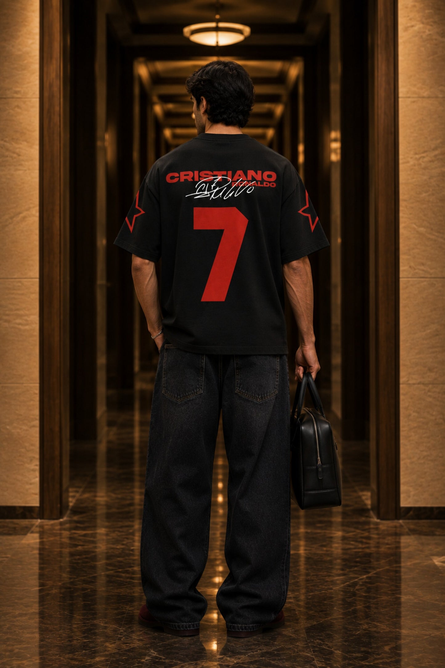 Cristiano Ronaldo CR7 number 7 black oversized t-shirt with red print and signature