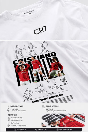 Man wearing a white CR7 oversized t-shirt with black CR7 logo. Studio shot with grey background.