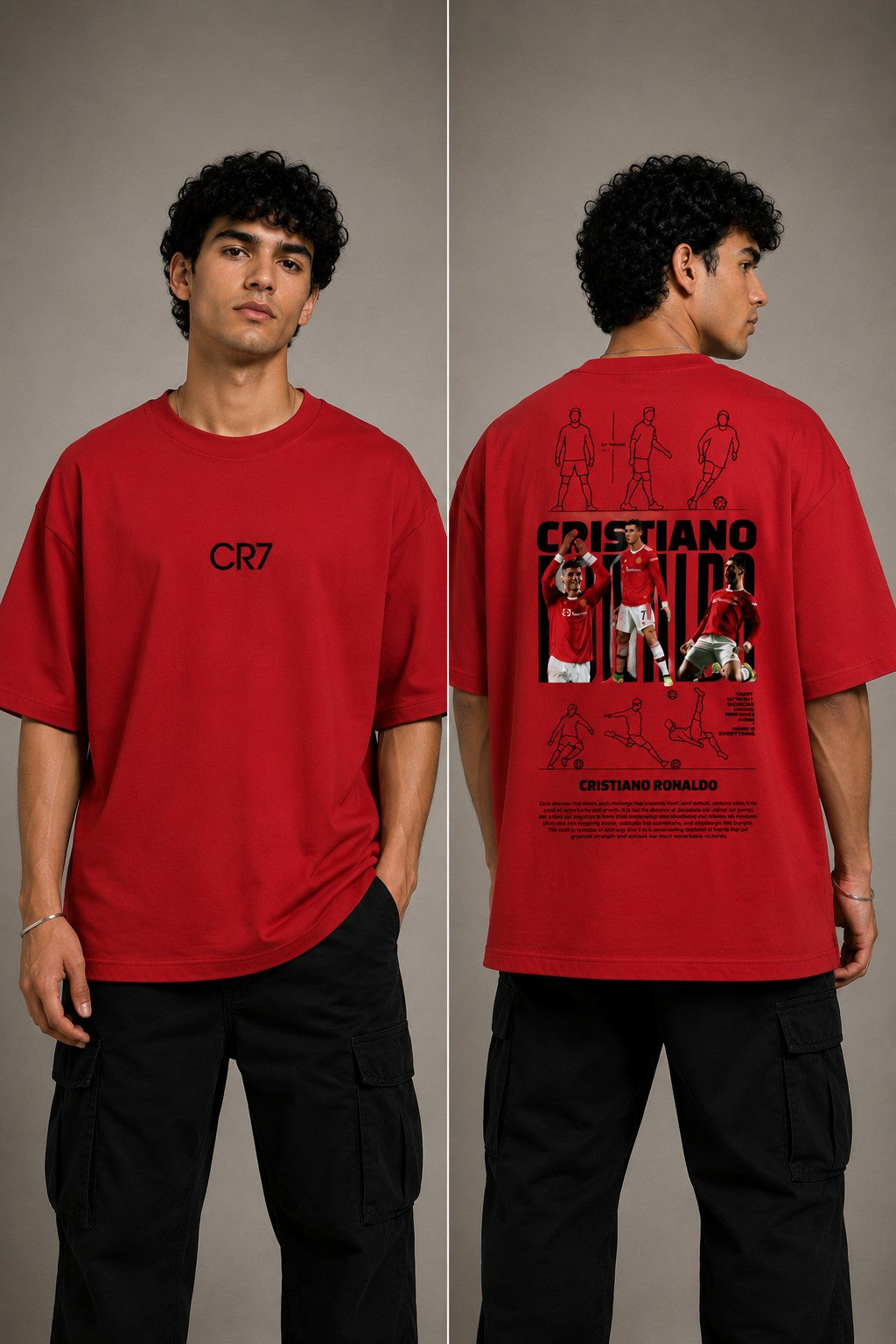 Man wearing a white CR7 oversized t-shirt with black CR7 logo. Studio shot with grey background.