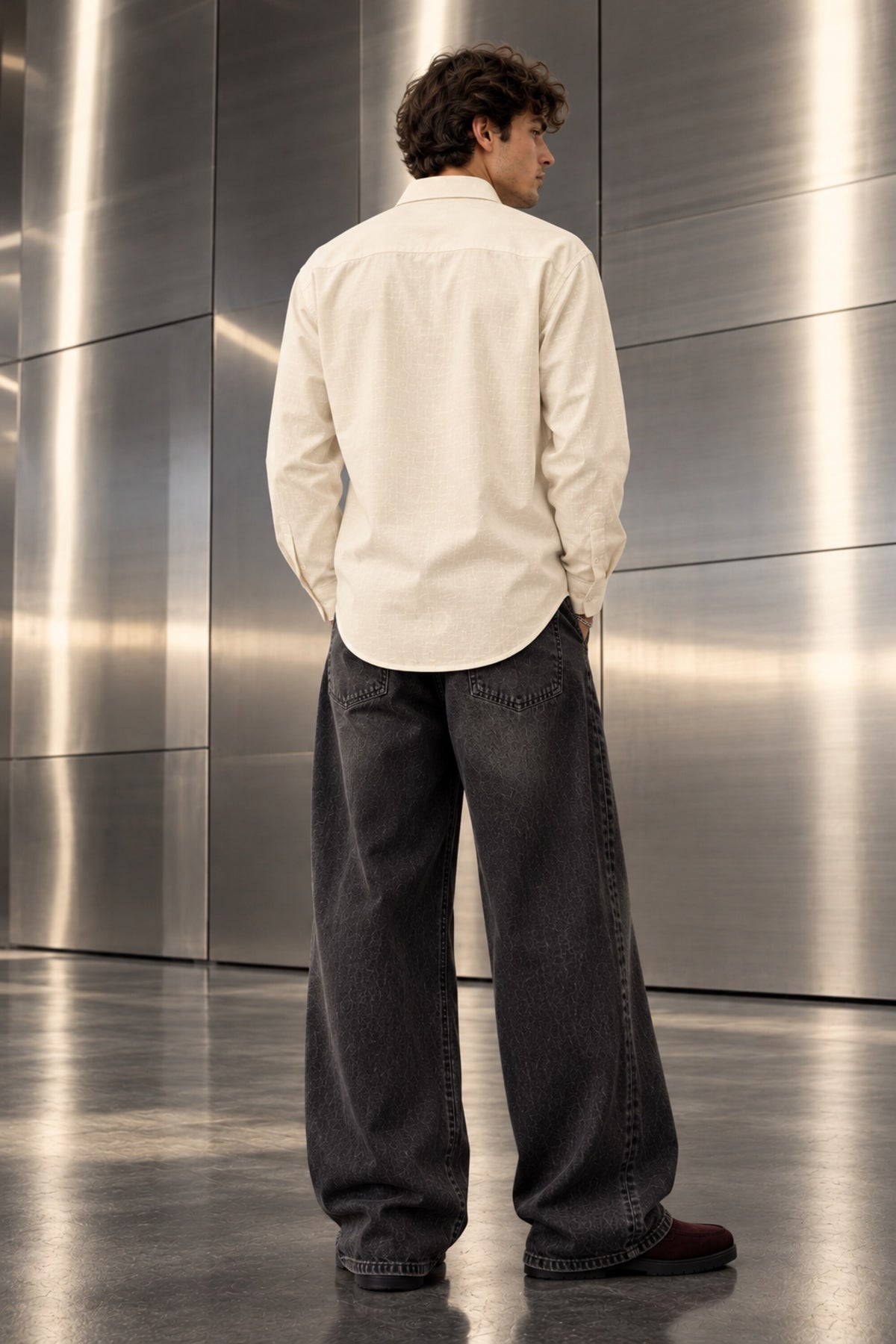 Cream off-white full sleeve shirt with minimal design and chest pocket, 100% cotton relaxed fit, men India