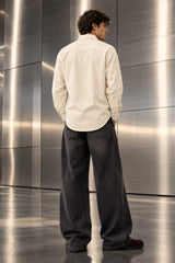 Cream off-white full sleeve shirt with minimal design and chest pocket, 100% cotton relaxed fit, men India