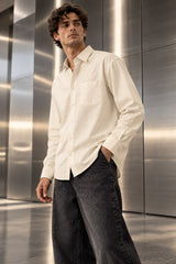 Cream off-white full sleeve shirt with minimal design and chest pocket, 100% cotton relaxed fit, men India
