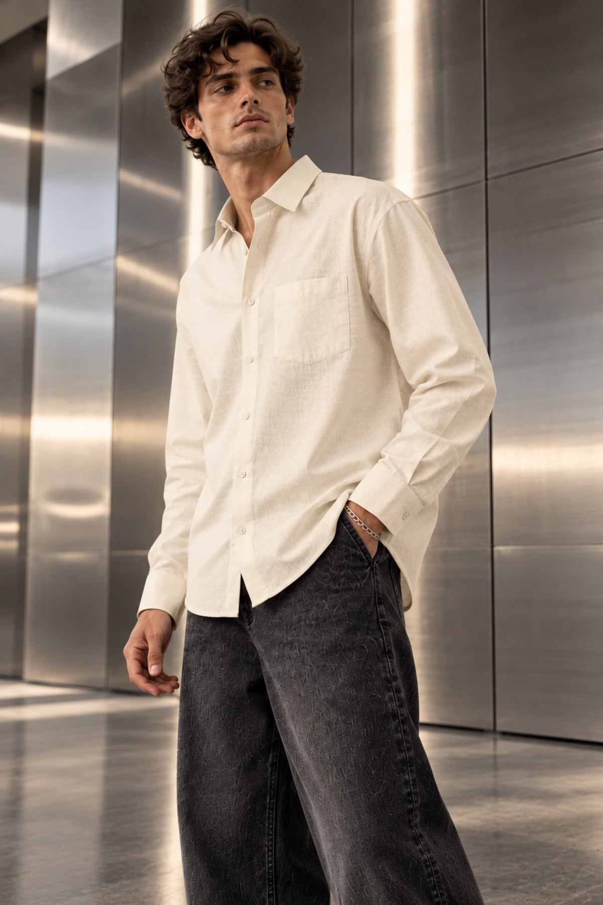 Cream off-white full sleeve shirt with minimal design and chest pocket, 100% cotton relaxed fit, men India
