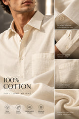 Cream off-white full sleeve shirt with minimal design and chest pocket, 100% cotton relaxed fit, men India