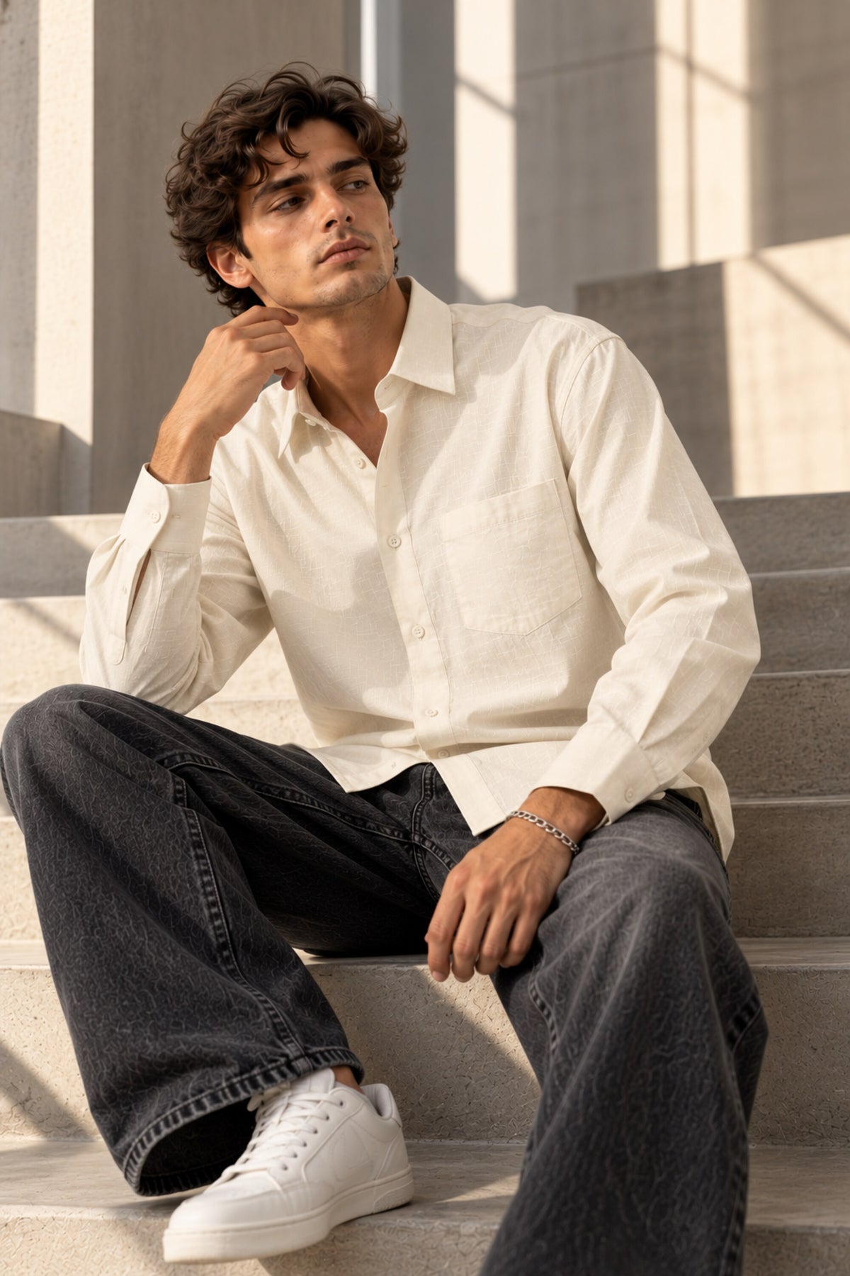 Cream off-white full sleeve shirt with minimal design and chest pocket, 100% cotton relaxed fit, men India
