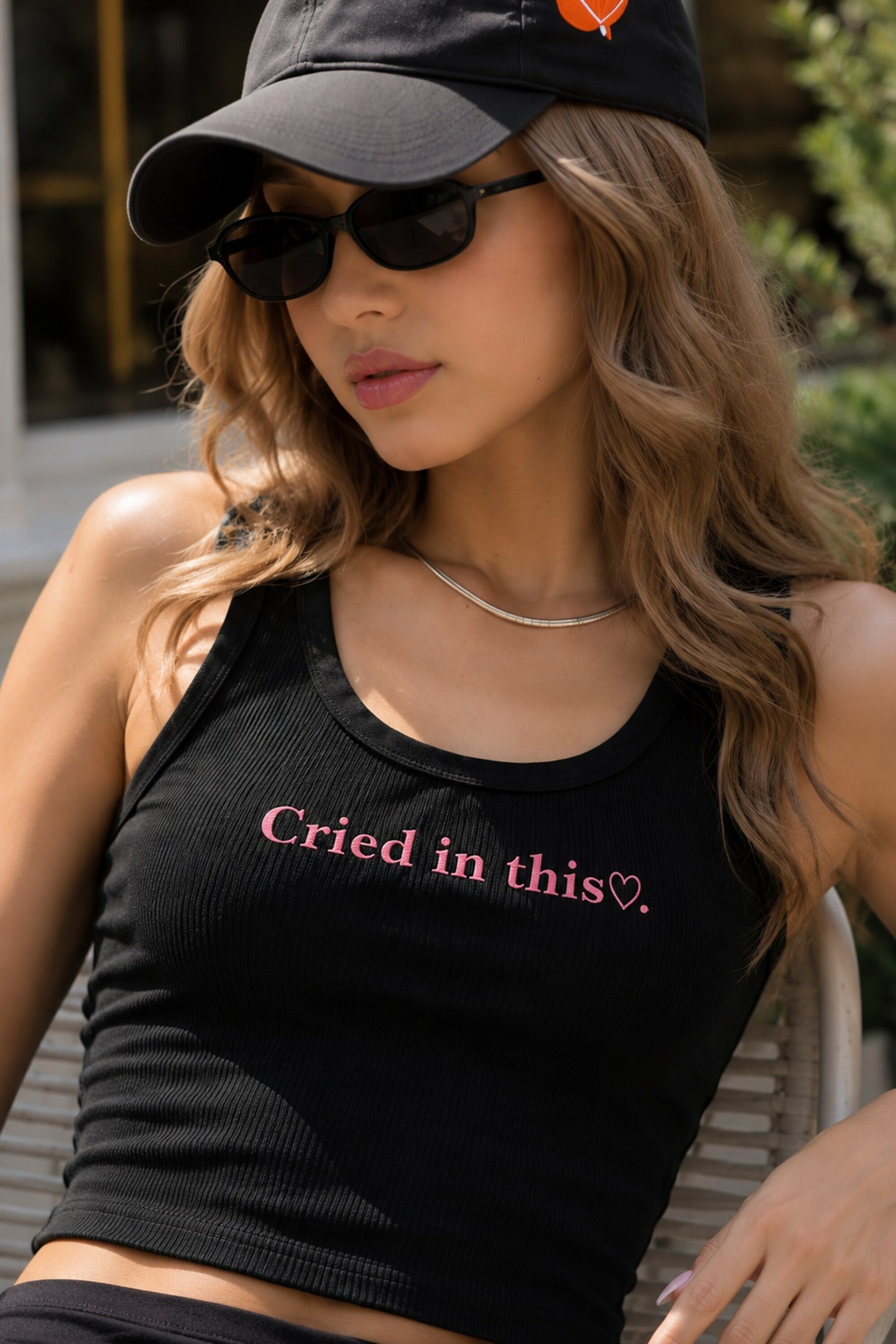 Black fitted ribbed crop tank top Cried in this heart pink italic serif text graphic sad girl Gen Z aesthetic POPCASE women