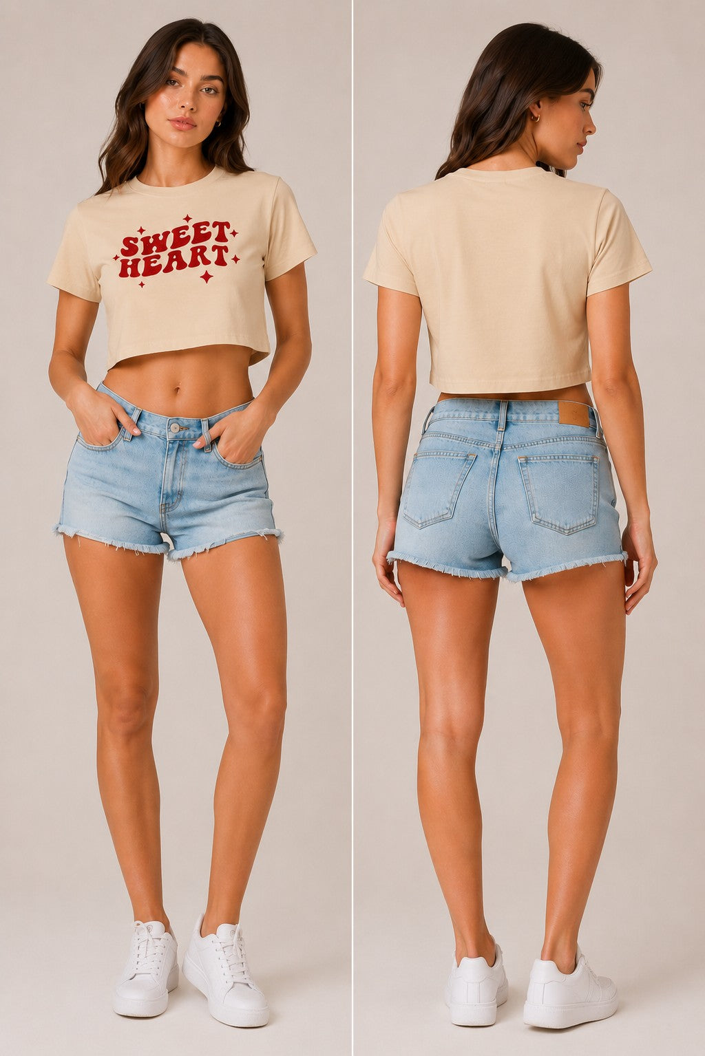 Model wearing a white "Sweet Heart" graphic oversized croptop t-shirt with red distressed lettering and star accents. Streetwear fashion.