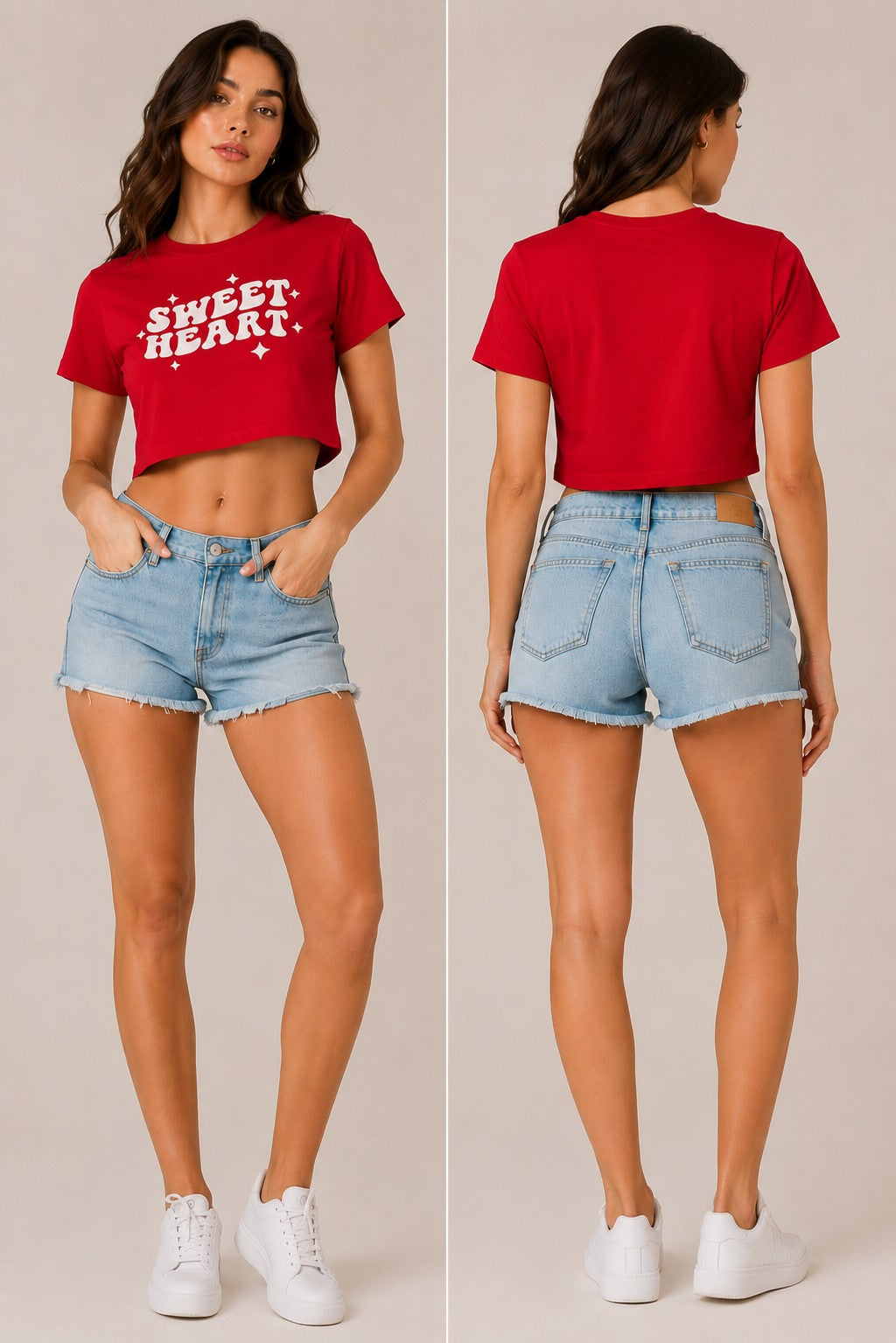 Model wearing a white "Sweet Heart" graphic oversized croptop t-shirt with red distressed lettering and star accents. Streetwear fashion. - red