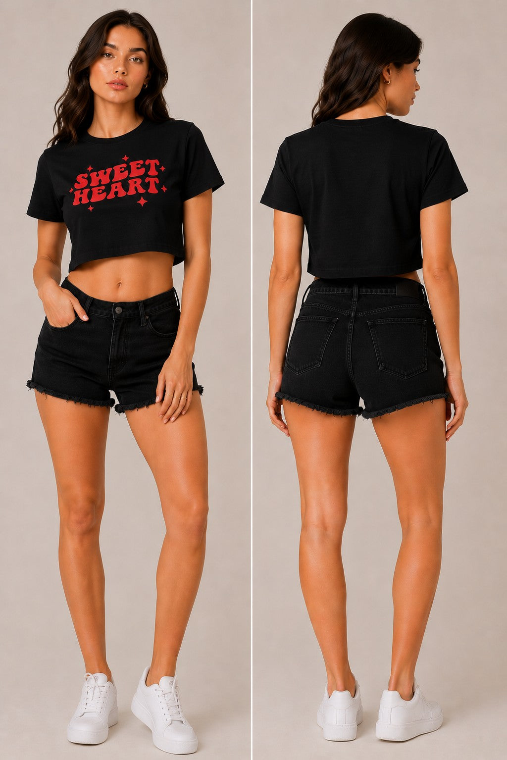 Model wearing a white "Sweet Heart" graphic oversized croptop t-shirt with red distressed lettering and star accents. Streetwear fashion. - black