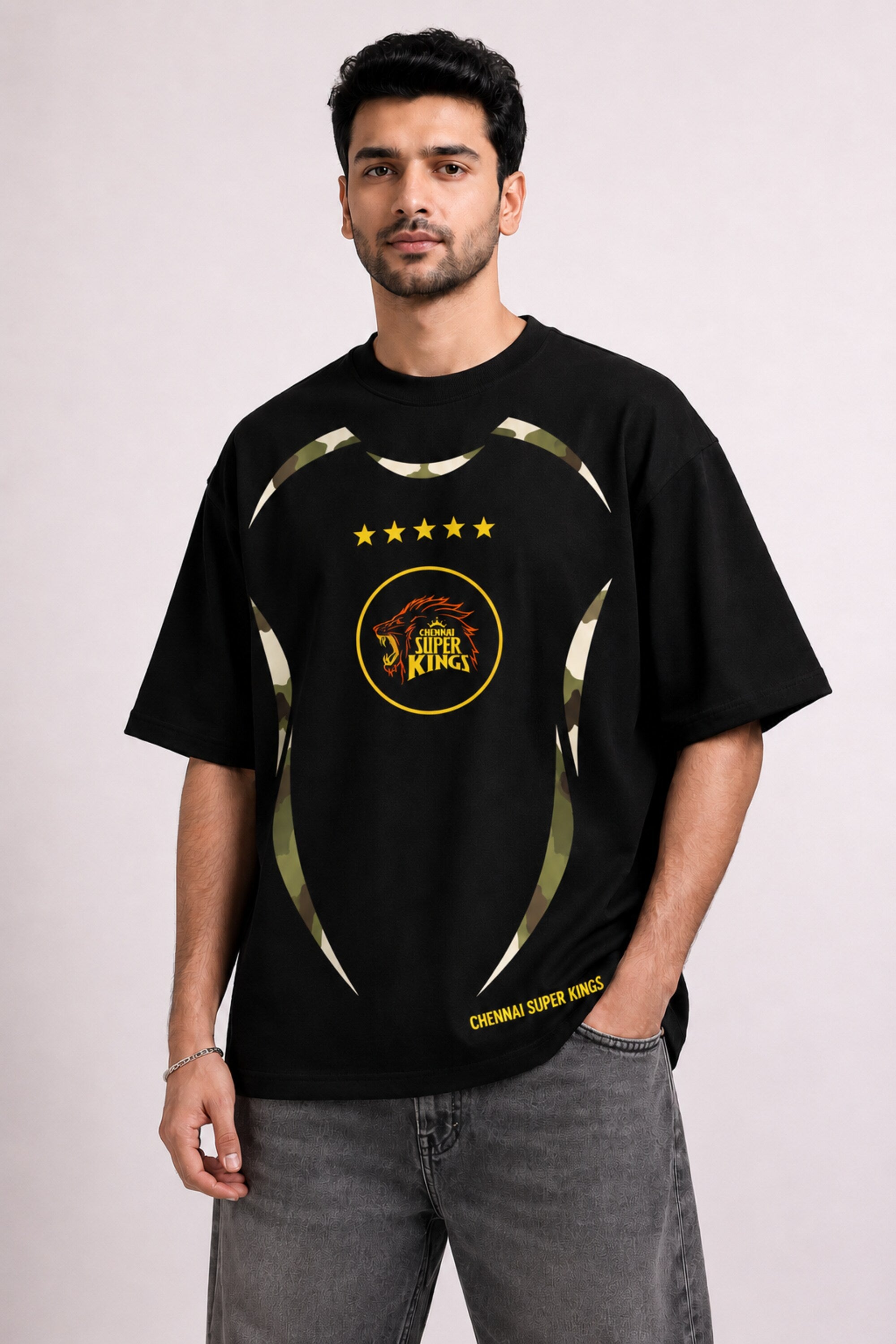Black oversized t-shirt with CSK Chennai Super Kings lion badge 5 gold stars and olive camo side stripe design 220 GSM DTF