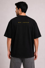 Black oversized t-shirt with CSK Chennai Super Kings lion badge 5 gold stars and olive camo side stripe design 220 GSM DTF