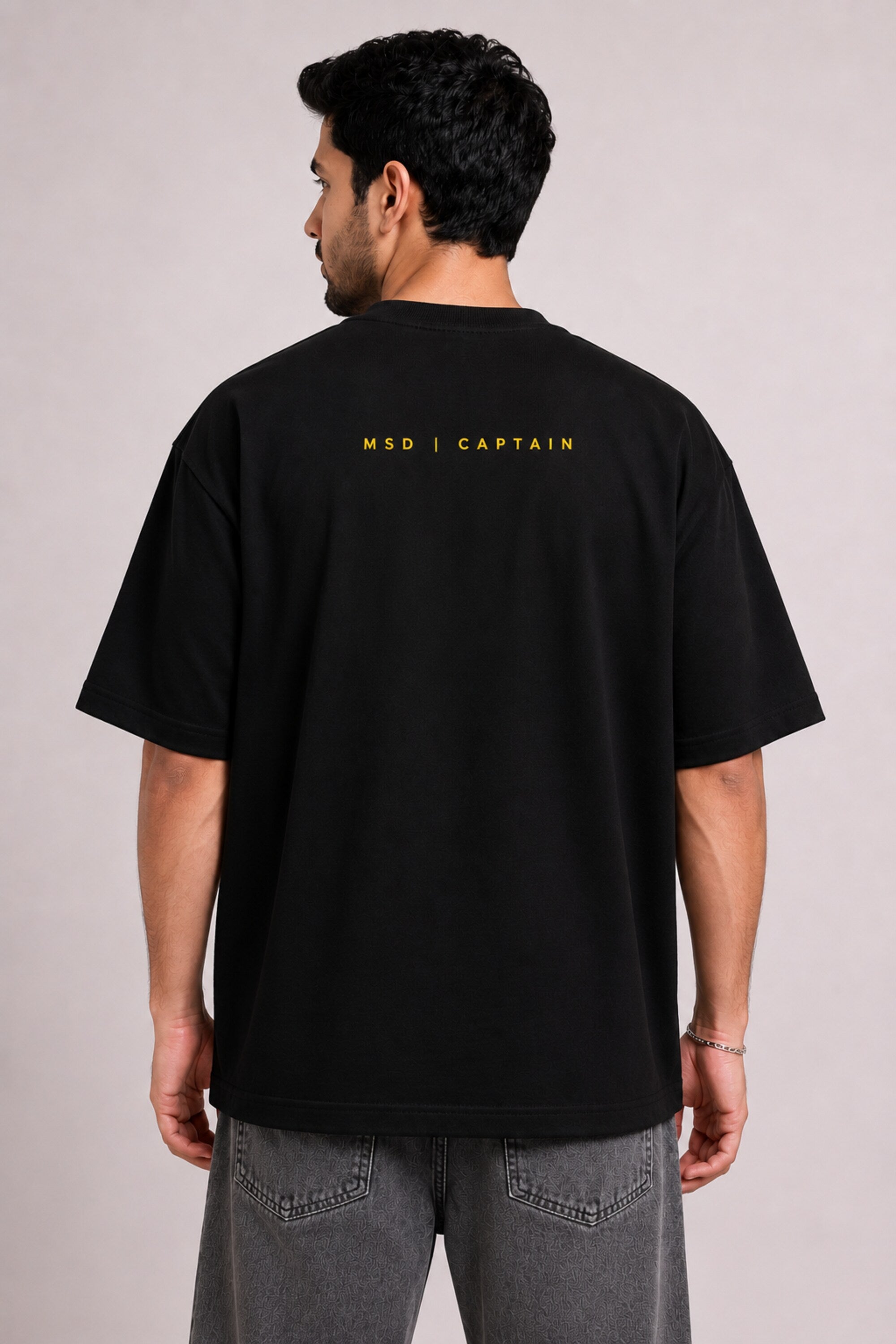 Black oversized t-shirt with CSK Chennai Super Kings lion badge 5 gold stars and olive camo side stripe design 220 GSM DTF
