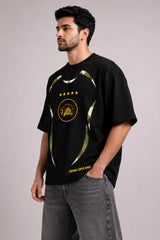 Black oversized t-shirt with CSK Chennai Super Kings lion badge 5 gold stars and olive camo side stripe design 220 GSM DTF