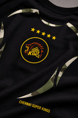 Black oversized t-shirt with CSK Chennai Super Kings lion badge 5 gold stars and olive camo side stripe design 220 GSM DTF