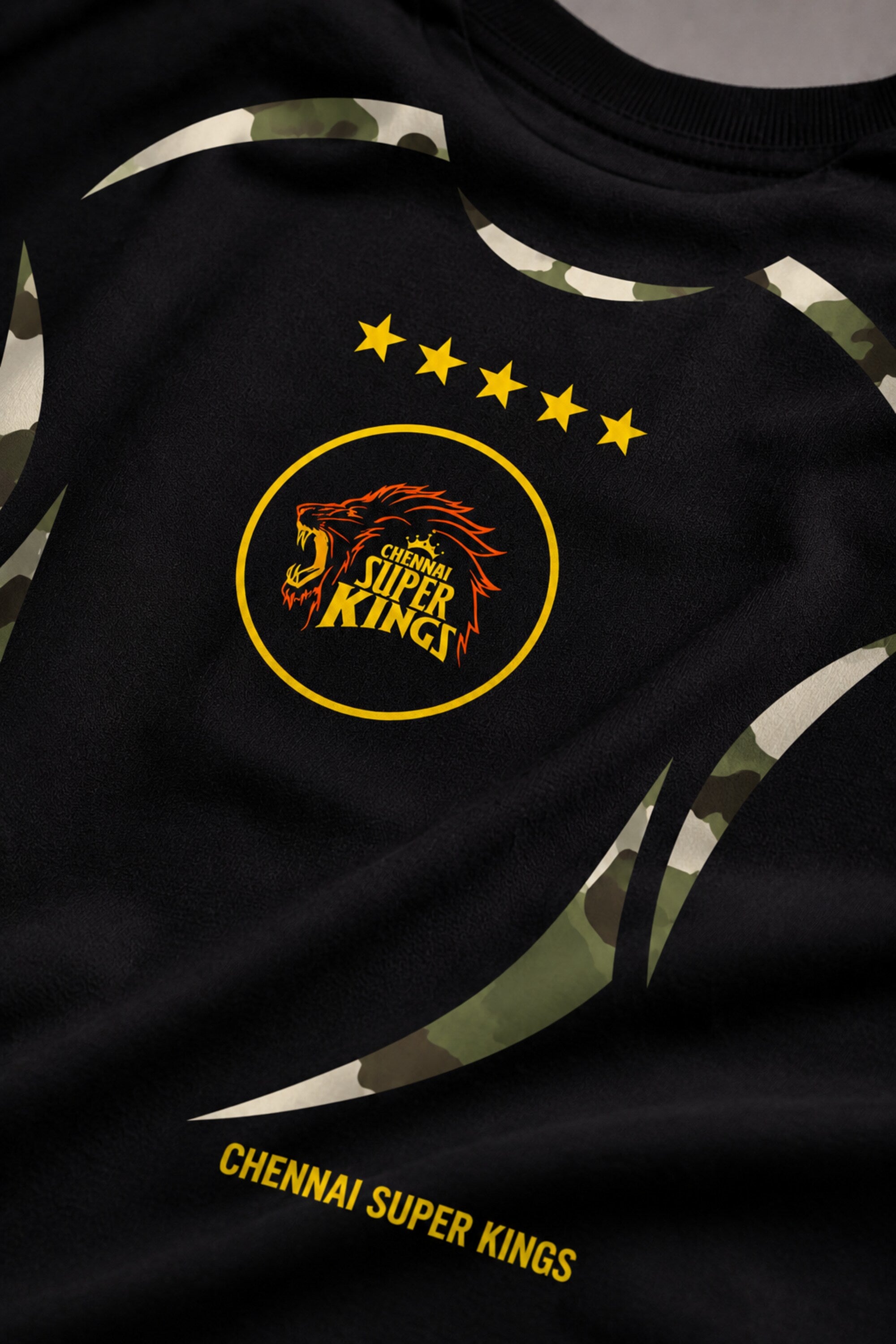 Black oversized t-shirt with CSK Chennai Super Kings lion badge 5 gold stars and olive camo side stripe design 220 GSM DTF