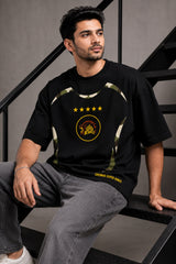 Black oversized t-shirt with CSK Chennai Super Kings lion badge 5 gold stars and olive camo side stripe design 220 GSM DTF