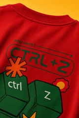 Red oversized t-shirt with Ctrl+Z shortcut print in teal green on left chest, quirky streetwear India