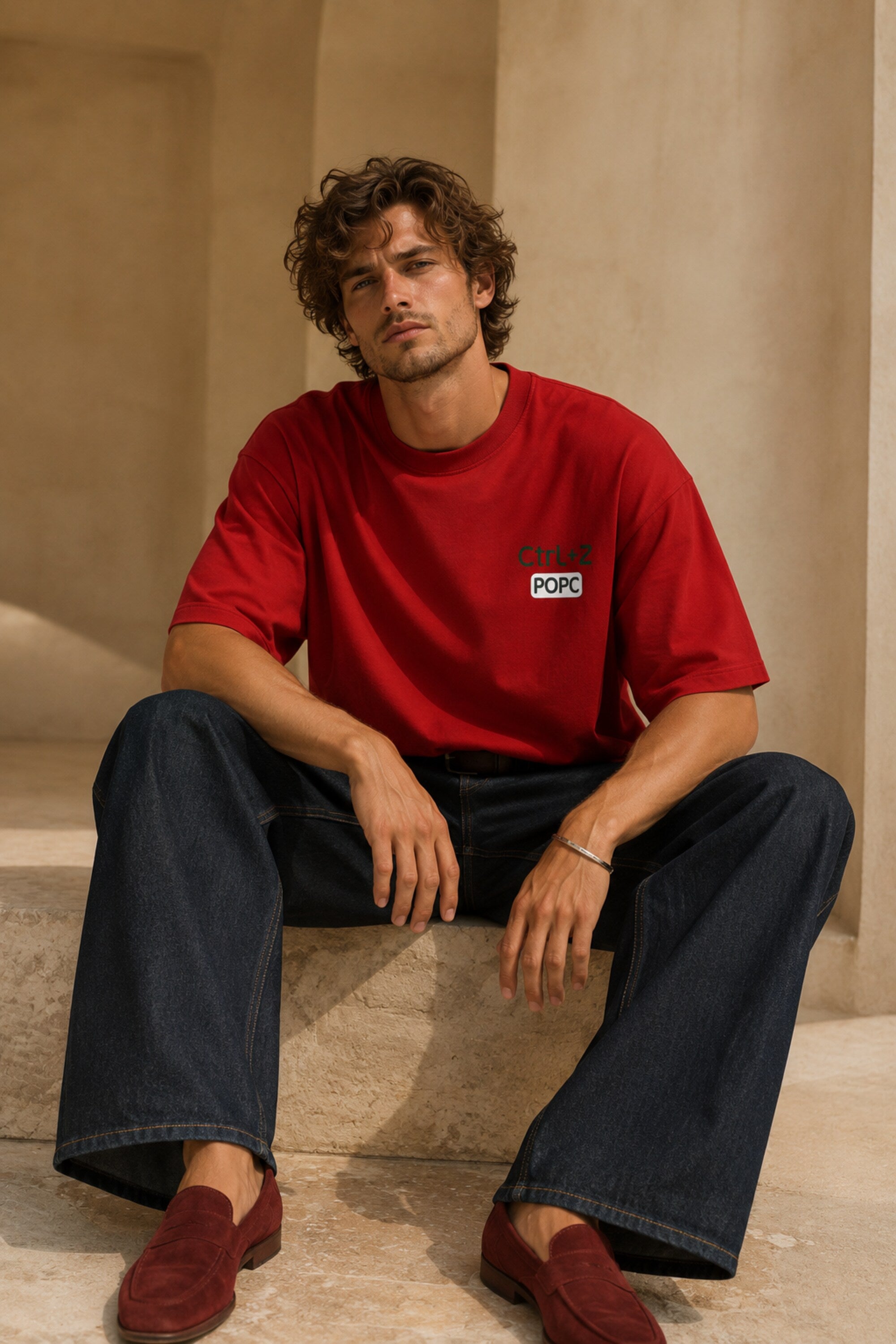 Red oversized t-shirt with Ctrl+Z shortcut print in teal green on left chest, quirky streetwear India